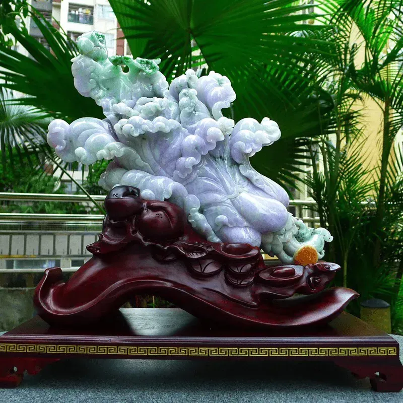 缅甸天然翡翠A货 老坑 精美春带彩 八方来财 财源广进 白菜摆件 雕刻精美线条流畅 种水好 搭配精美