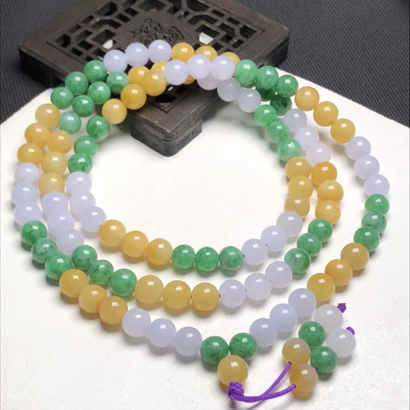 糯化种多彩翡翠珠链项链、108颗、直径6.3毫米、质地细腻、色彩鲜艳、A472C2101