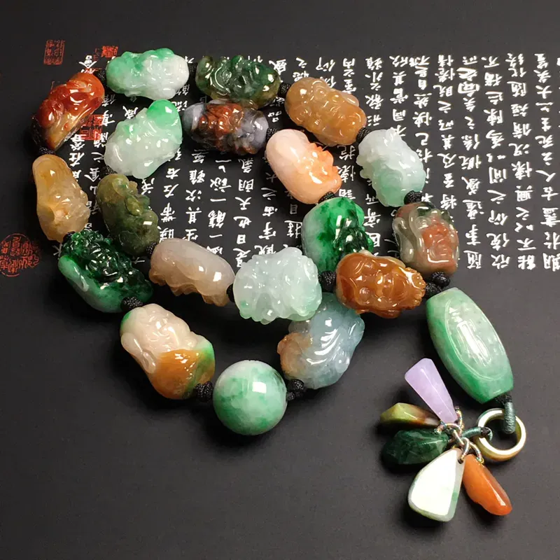 糯化种多彩【十八罗汉】男式项链 色彩艳丽 质地细腻 雕工精湛 款式时尚 总长度390毫米 单颗尺寸2