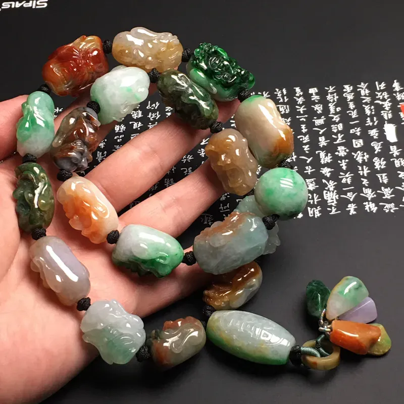 糯化种多彩【十八罗汉】男式项链 色彩艳丽 质地细腻 雕工精湛 款式时尚 总长度390毫米 单颗尺寸27-21.5-21.8毫米