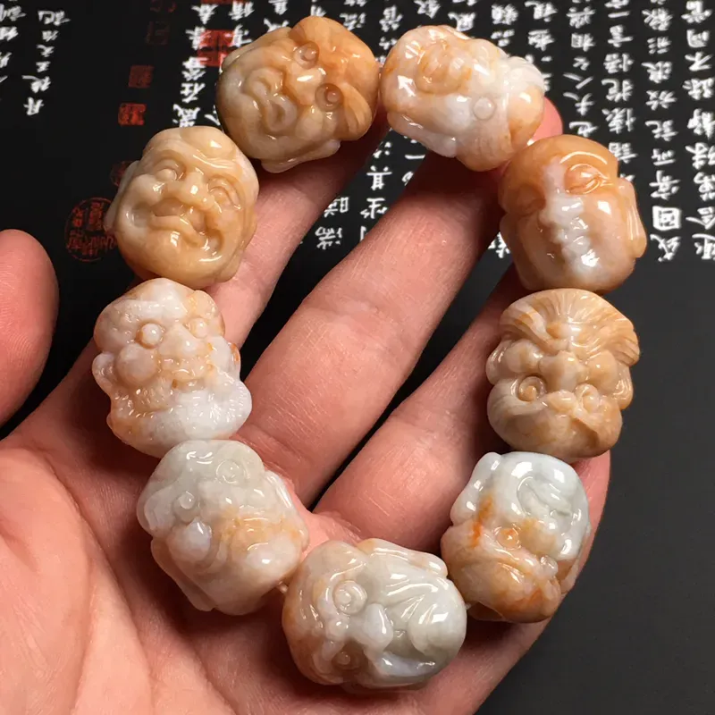 糯化种黄翡【十八罗汉】手串 9颗 色彩艳丽 质地细腻 雕工精湛 任取一颗裸石尺寸26-21.8-19.7毫米
