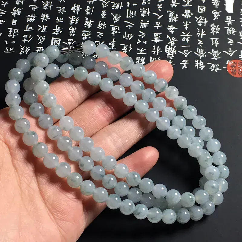 冰糯种飘花珠链 108颗 直径6毫米 水润通透 飘花灵动