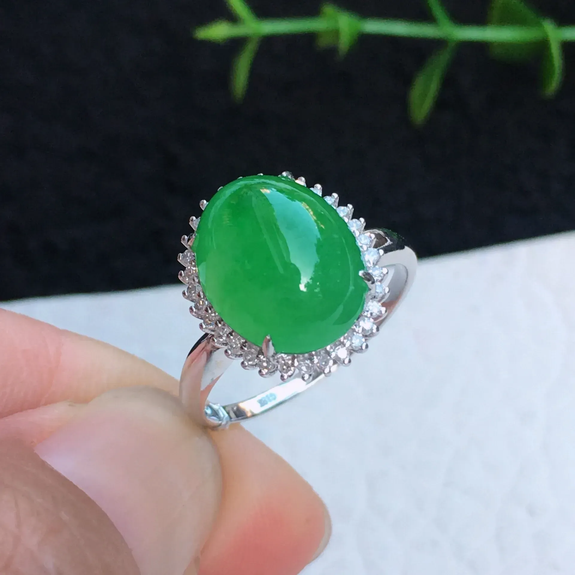 自然光实拍，18k金钻石豪华镶嵌老坑水润翠绿17.3mm戒指，钻戒，玉质细腻，色泽鲜亮活跃 形态饱满