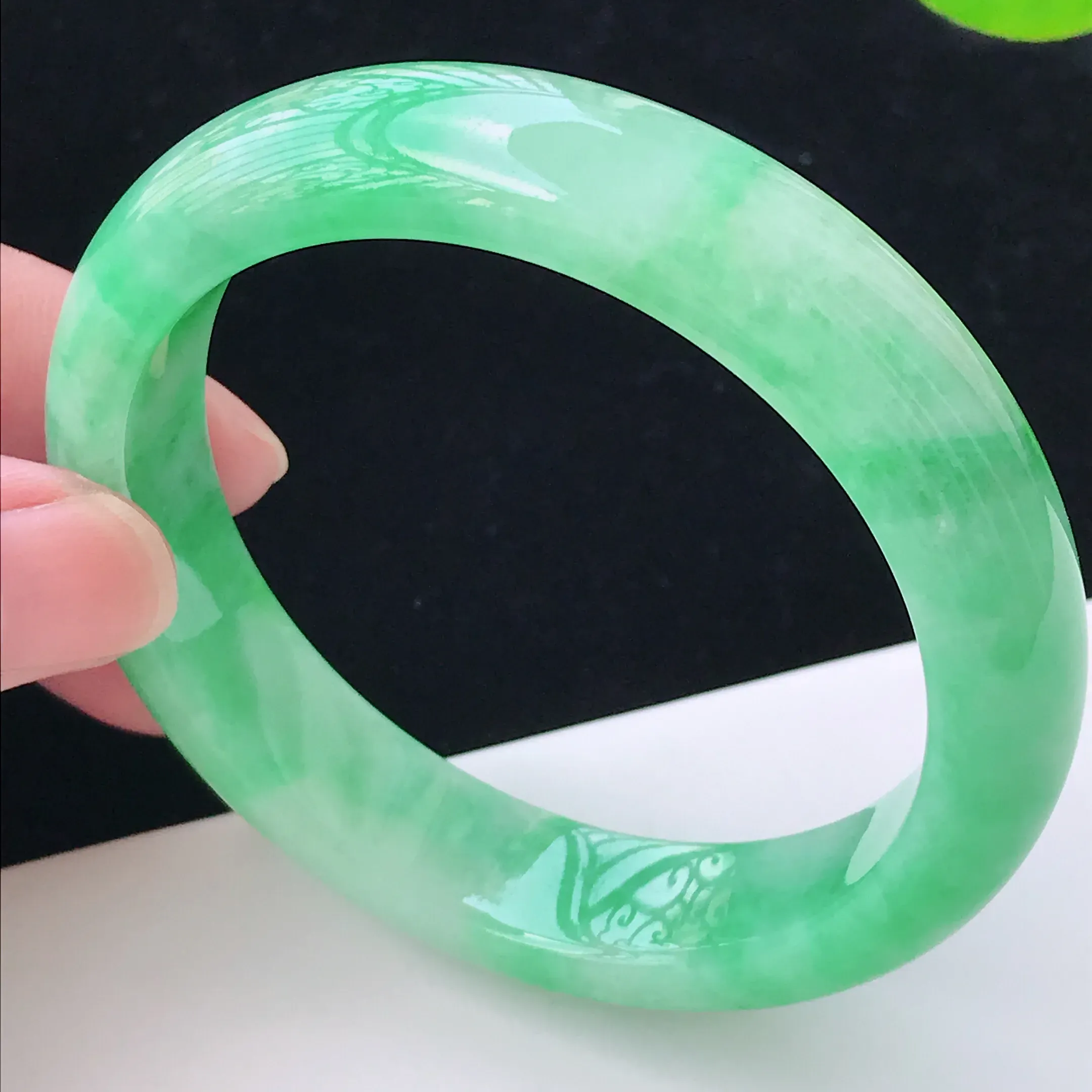 55.0圈口 a货翡翠满绿精美正圈翡翠手镯  圈口55.0/12.8/8.