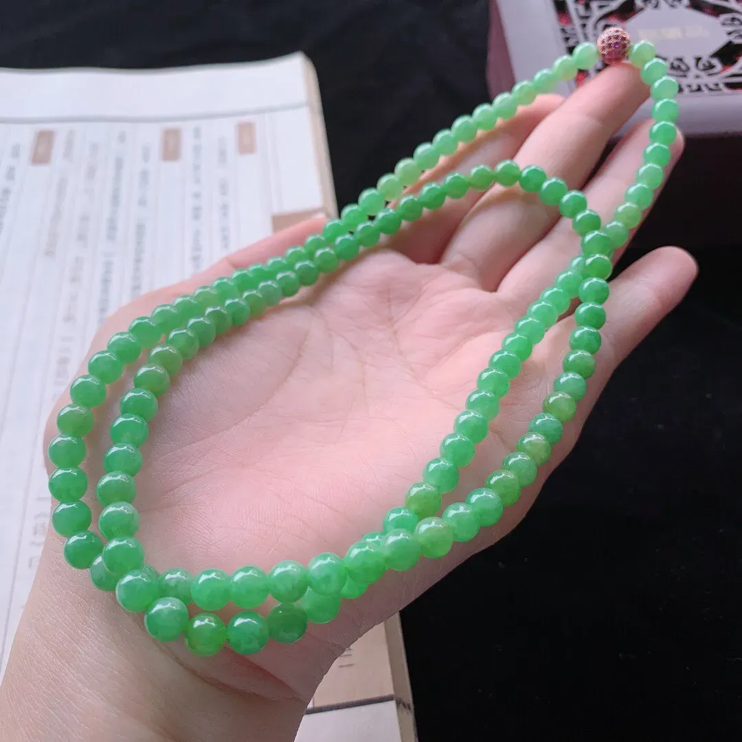 1130天然翡翠A货黄加绿珠链项链，珠子尺寸:6.1mm 118颗，