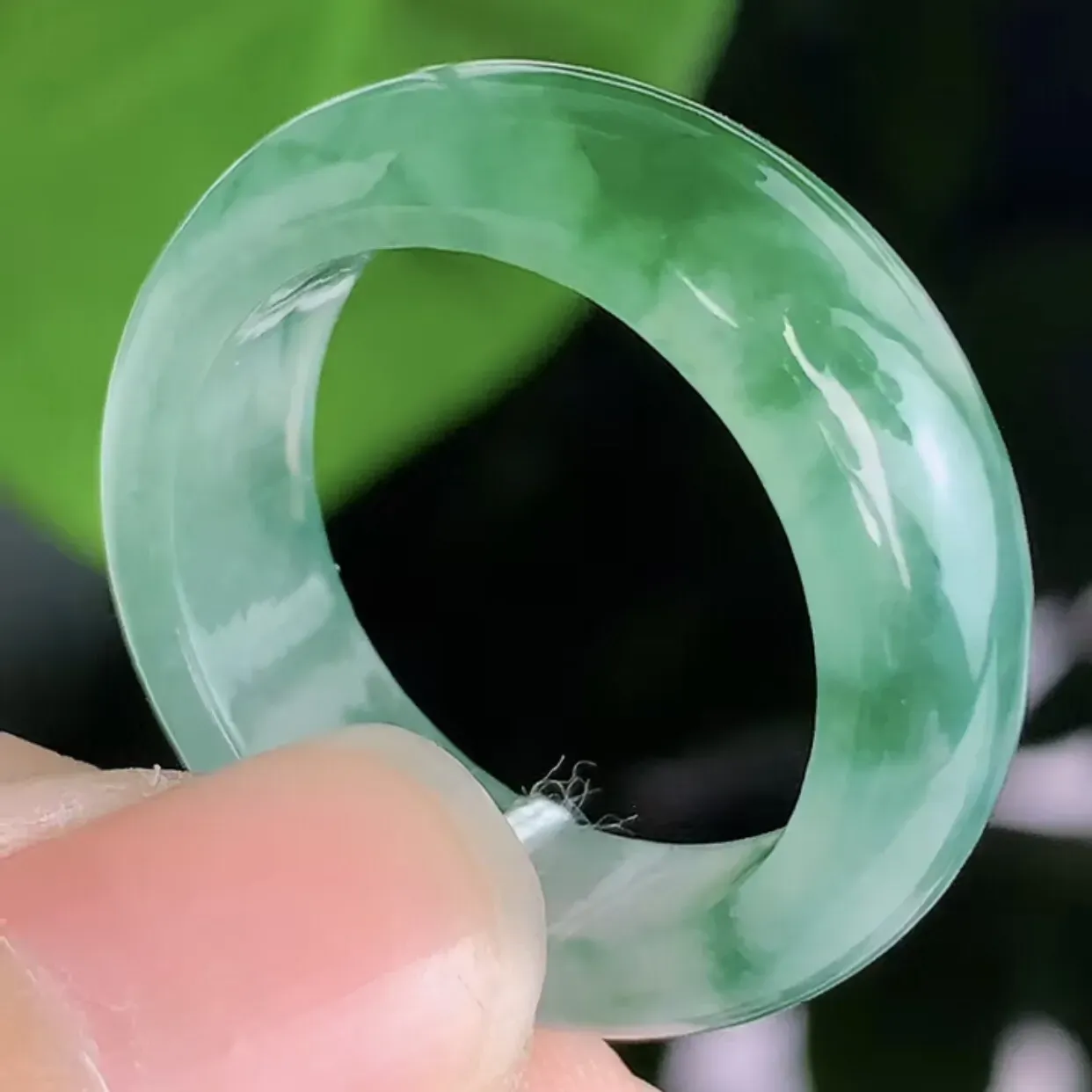 天然A货翡翠冰糯种飘绿花胶感玉指环玉戒指 尺寸内径19-7.6-3.8mm