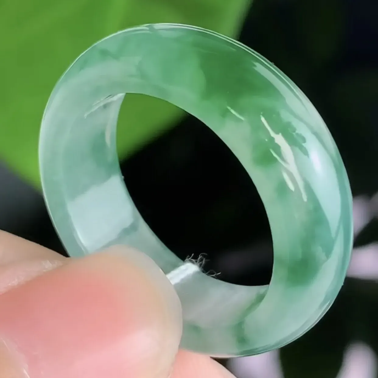 天然A货翡翠冰糯种飘绿花胶感玉指环玉戒指 尺寸内径19-7.6-3.8mm