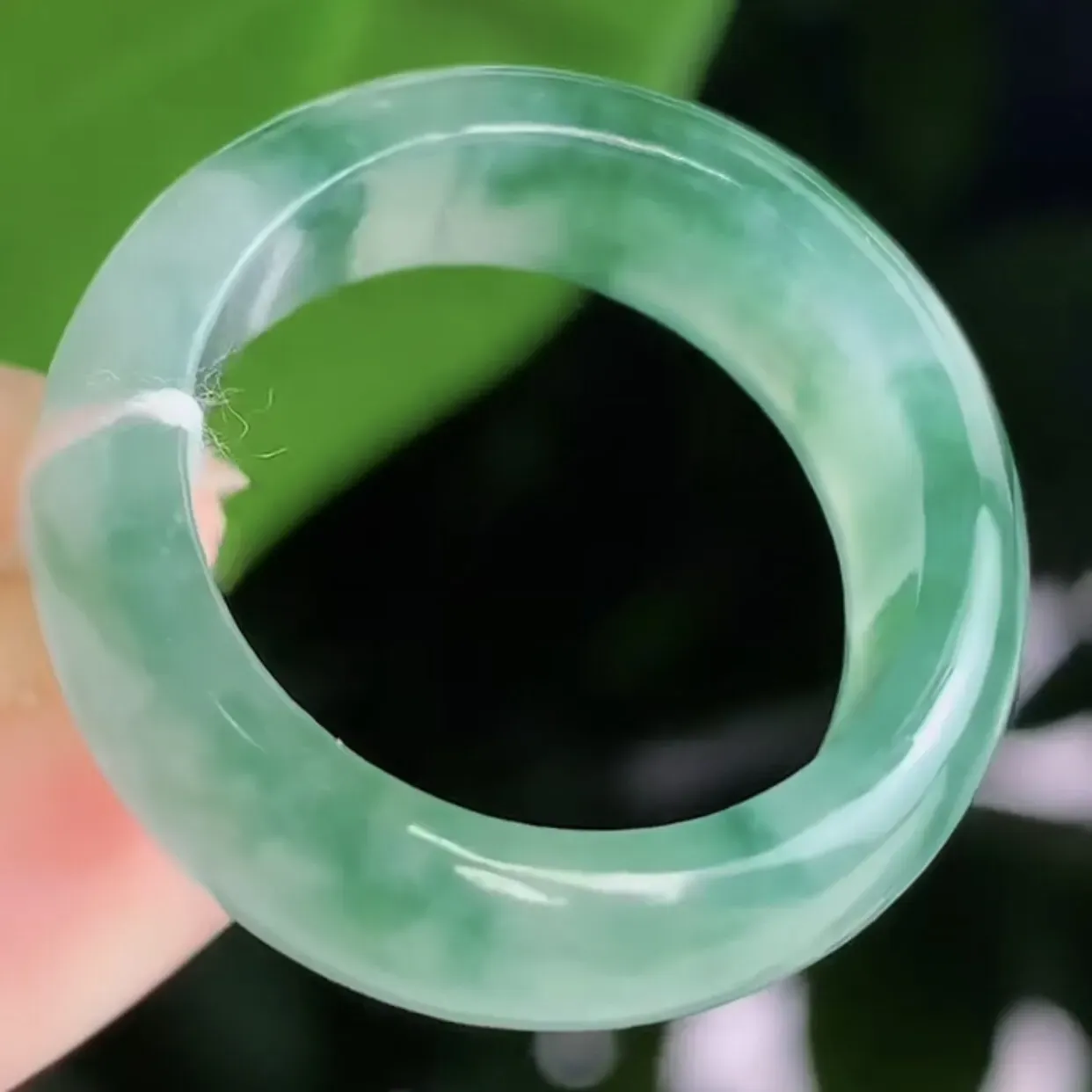 天然A货翡翠冰糯种飘绿花胶感玉指环玉戒指 尺寸内径19-7.6-3.8mm