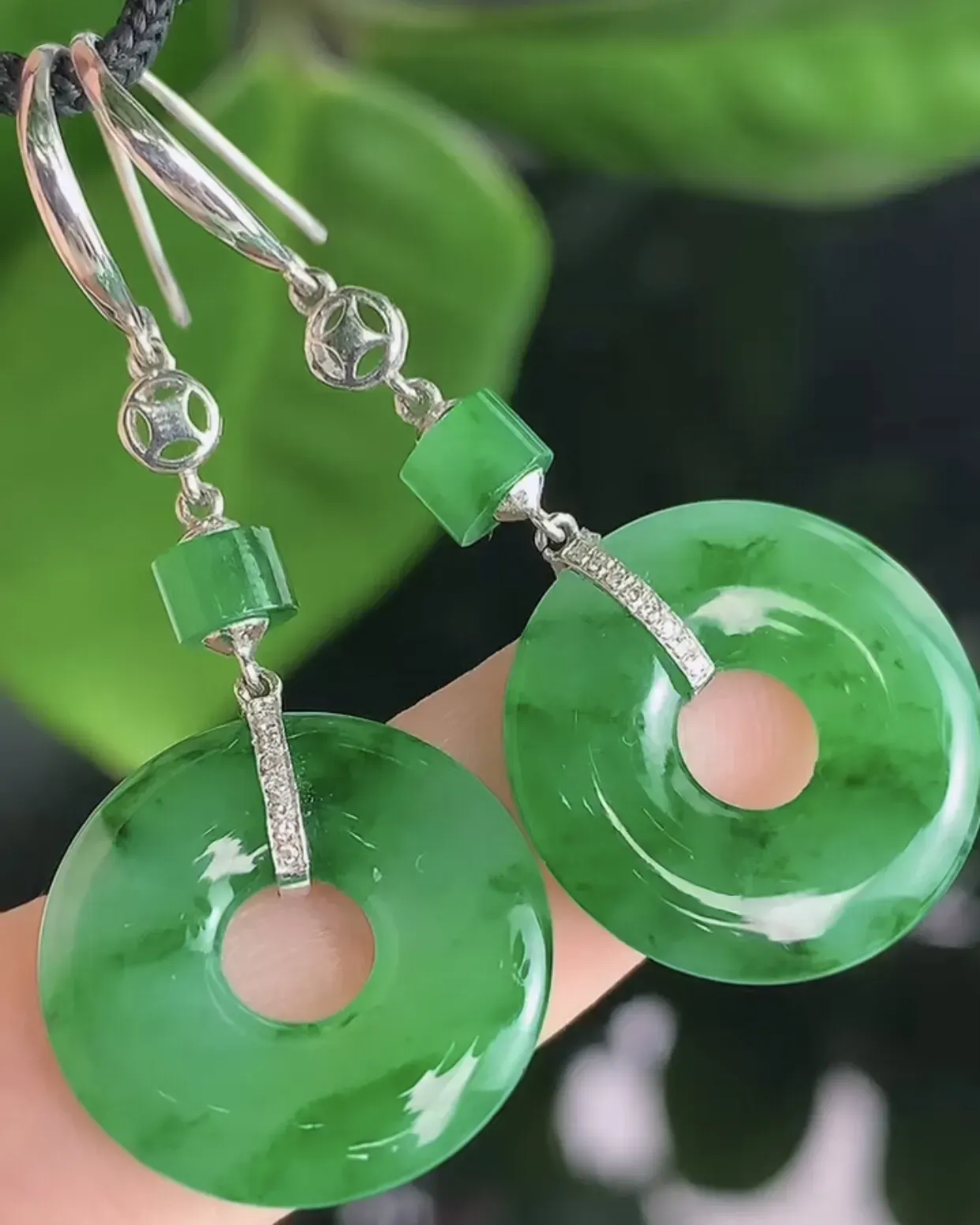 天然A货翡翠18k金冰糯种飘绿胶感子母平安扣耳坠 裸石取一17*2.8mm