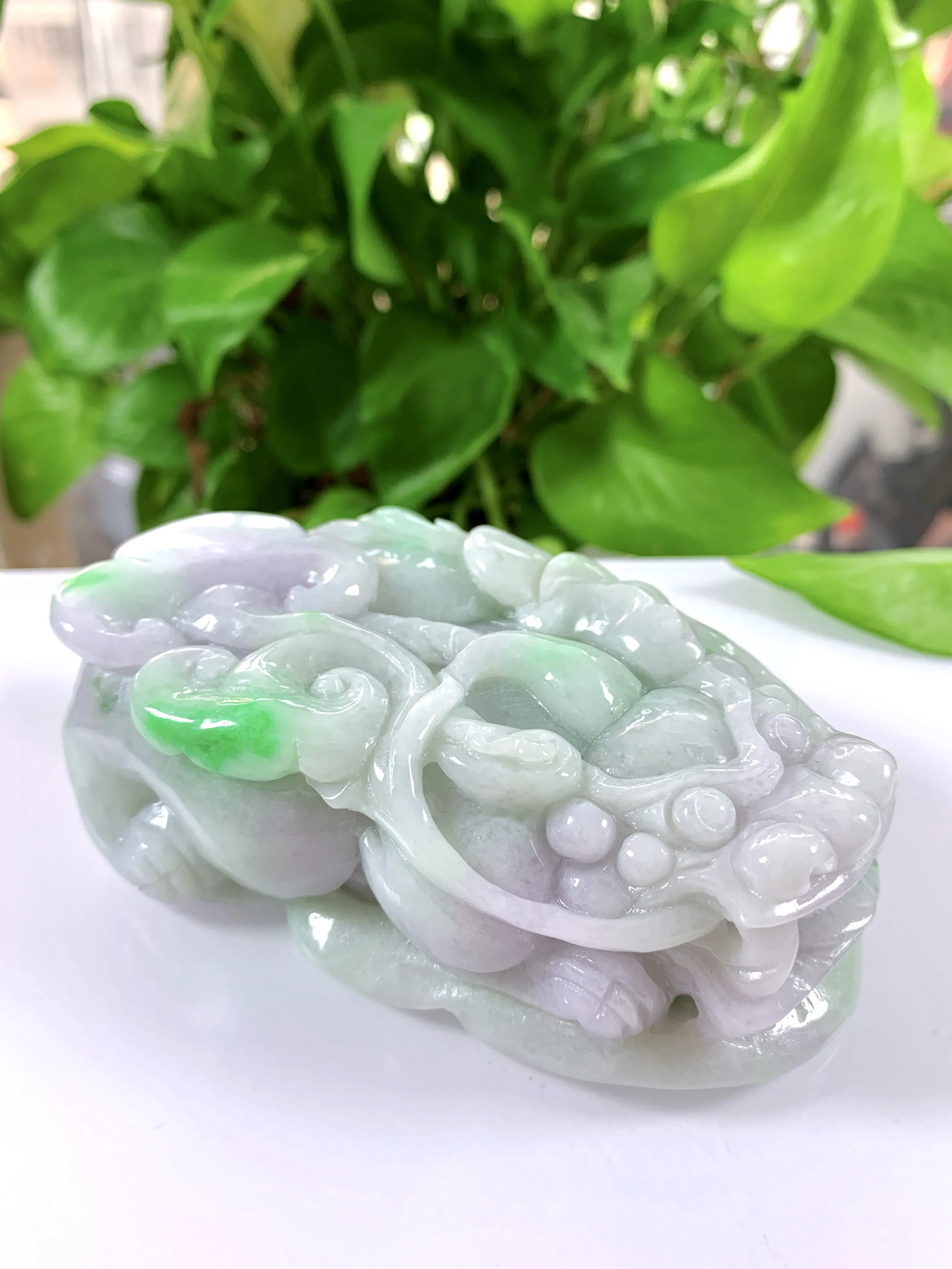缅甸天然翡翠A货，水润春彩招财貔貅手把件小摆件，尺寸：97/52.5/33mm重量：371.70g