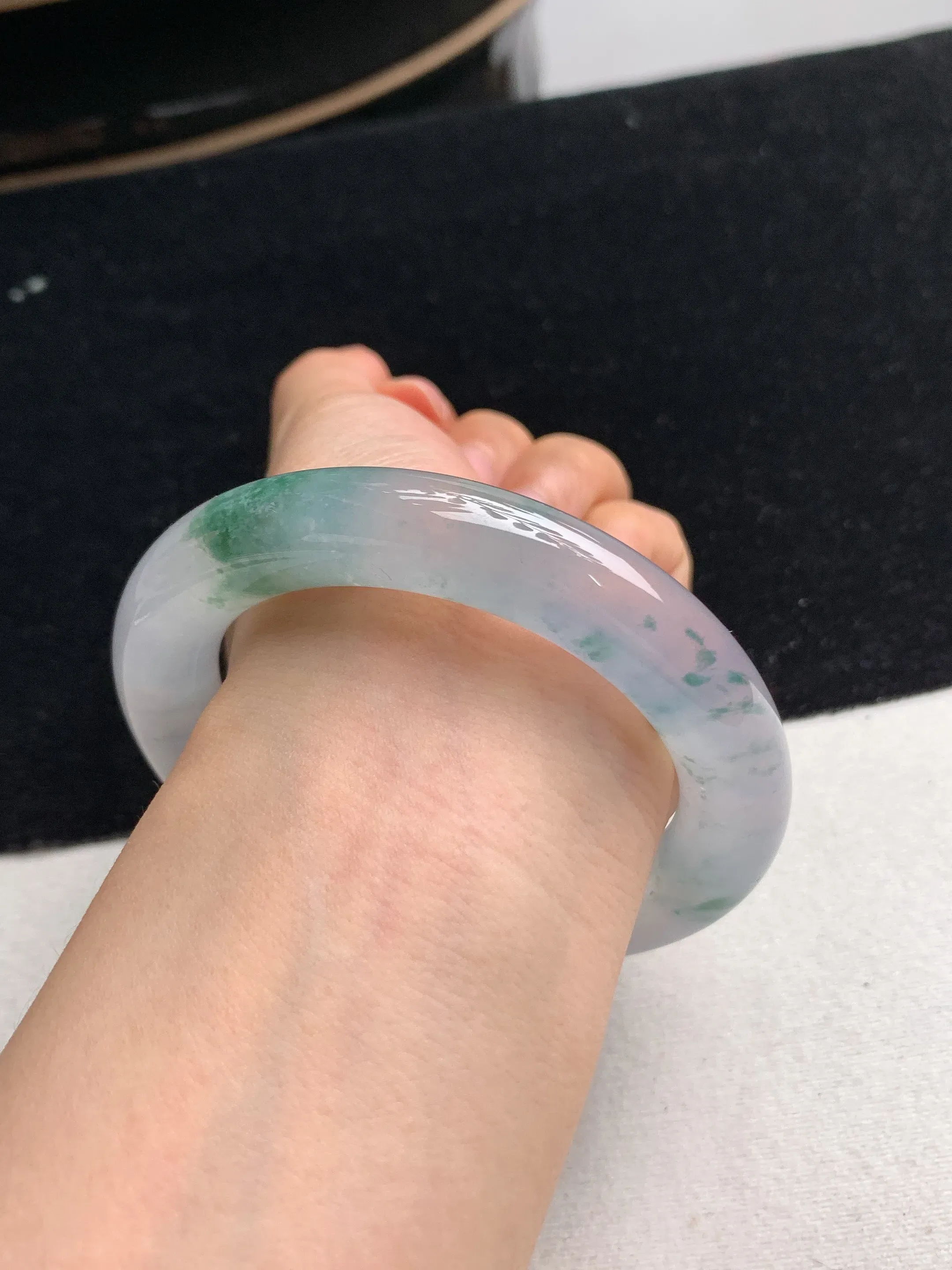 天然A货翡翠老坑高冰种冰飘花圆条手镯57-58圈口