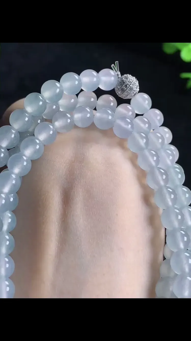 天然翡翠Ａ货冰种玻璃冰项链珠链inb，饱满圆润，冰冰透透，高品质，尺寸6.9