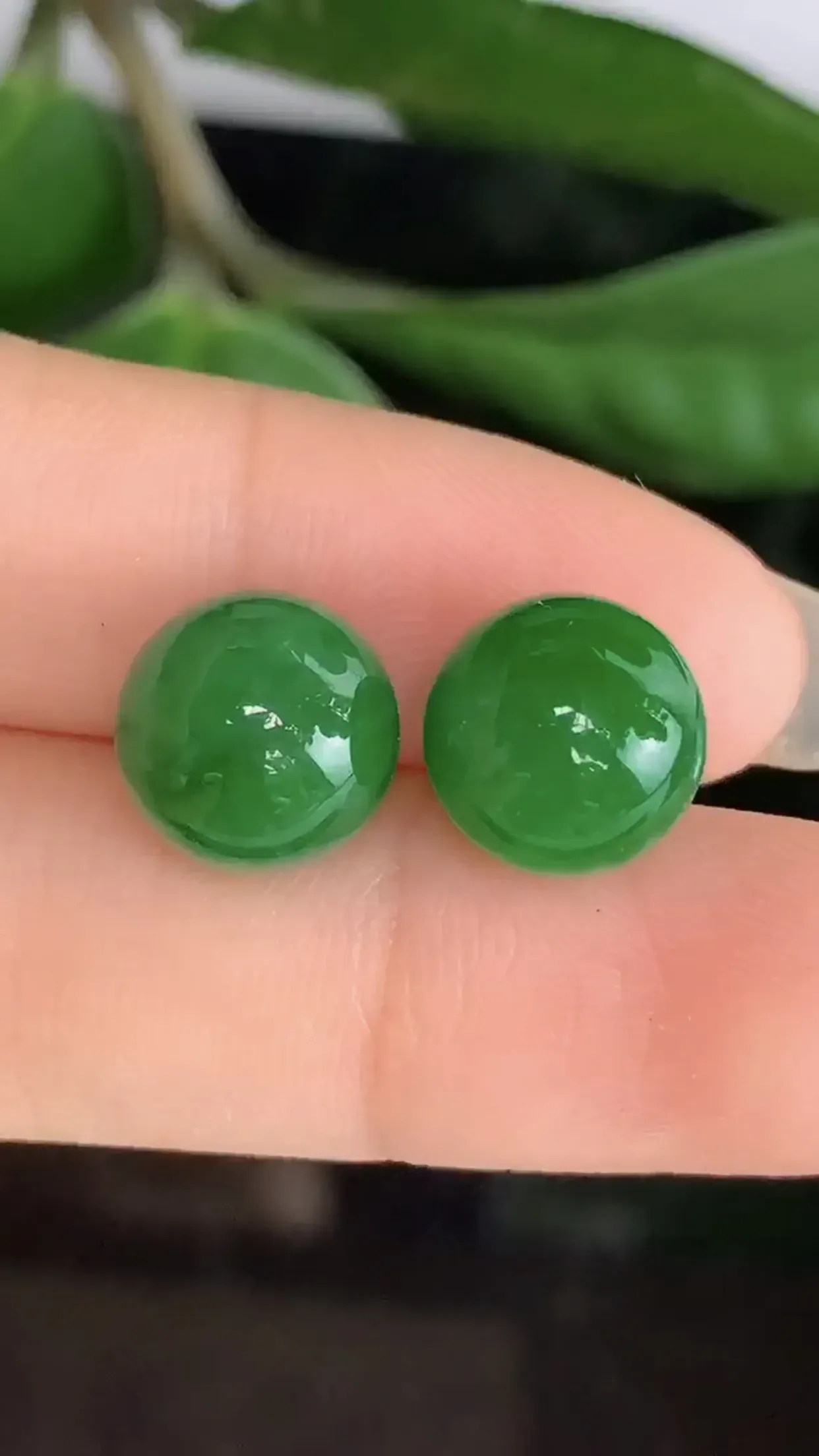 天然A货翡翠冰糯种满绿胶感圆珠一对 尺寸取一10.5mm