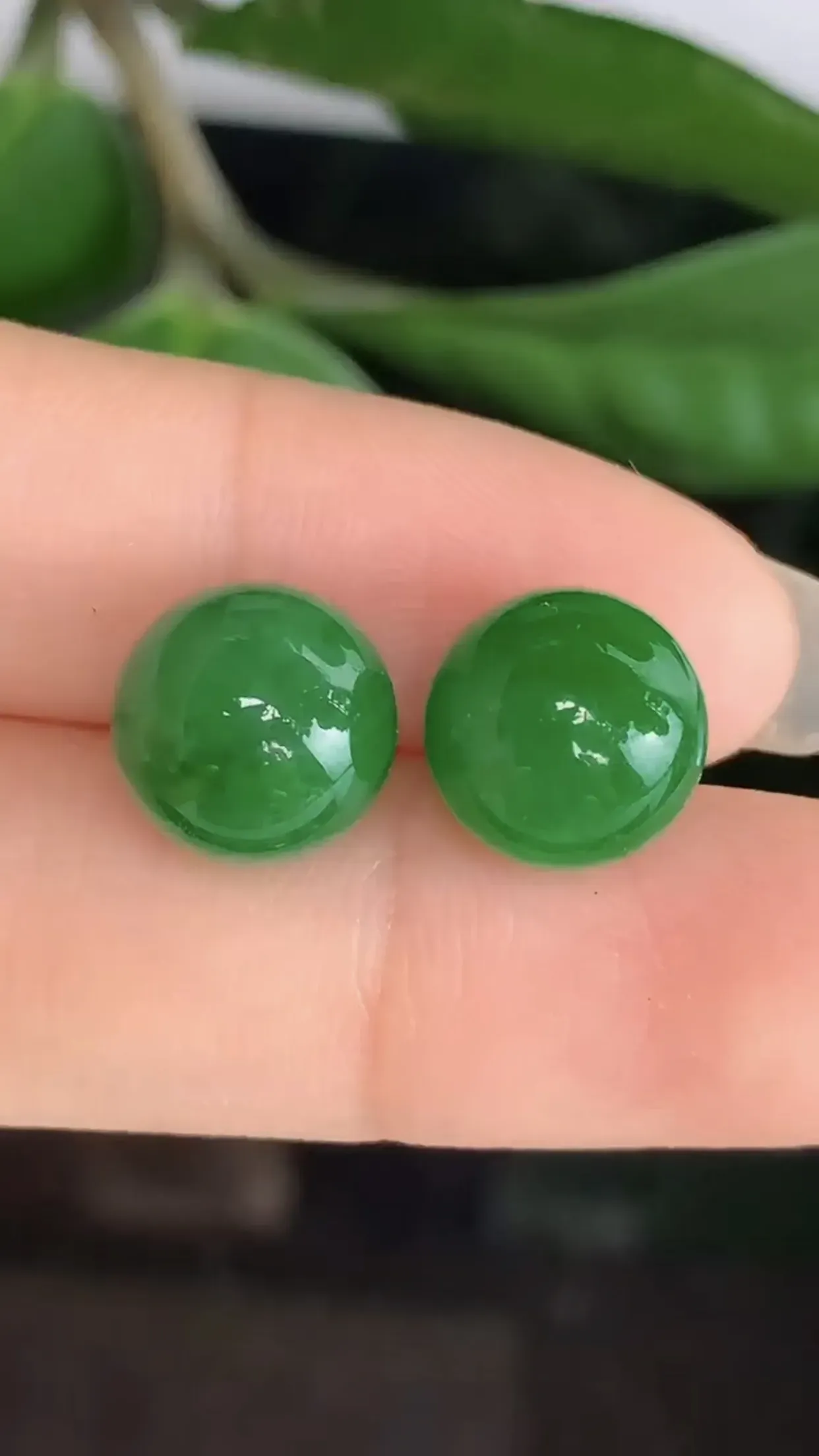 天然A货翡翠冰糯种满绿胶感圆珠一对 尺寸取一10.5mm
