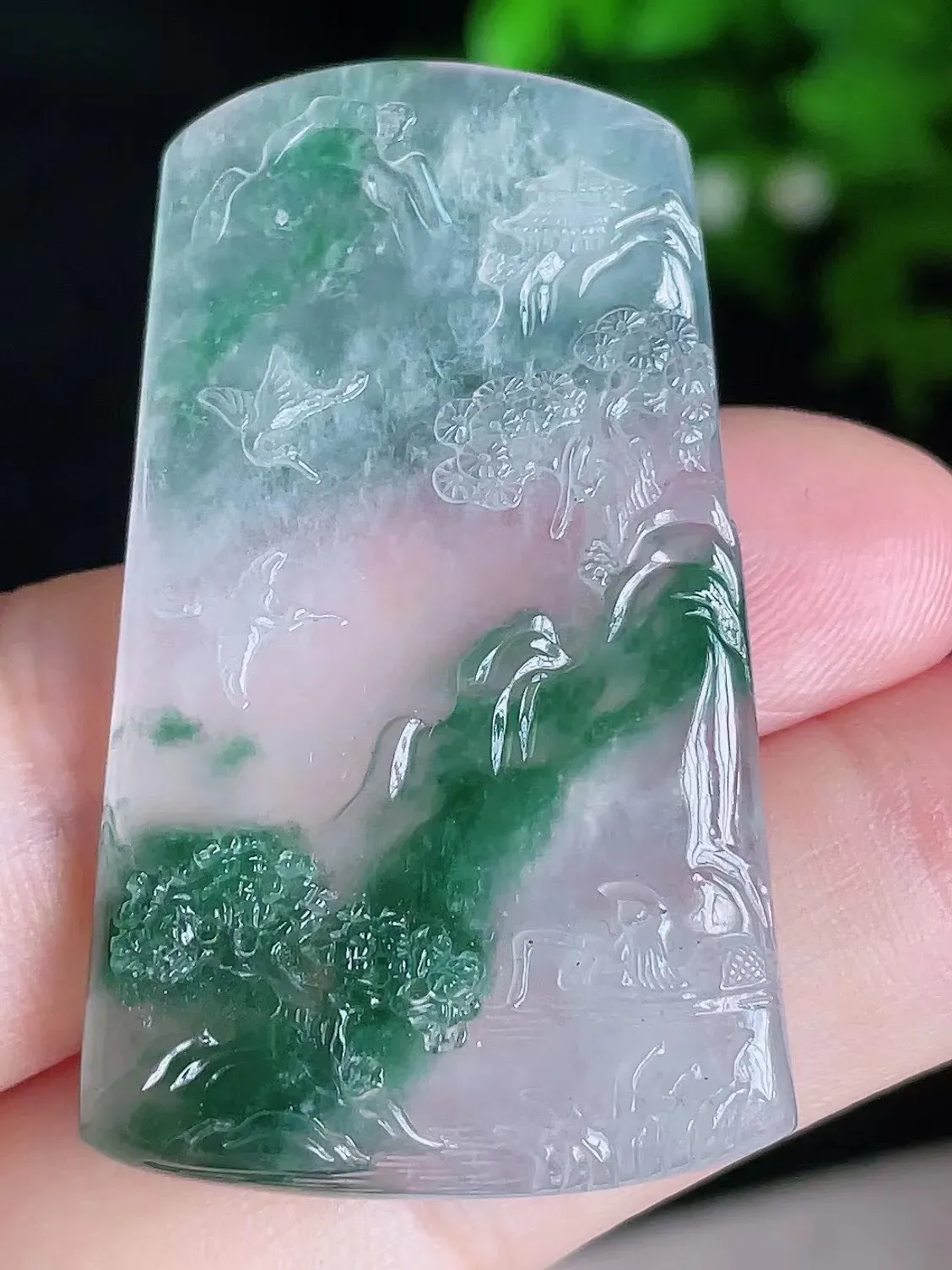 天然A货翡翠老坑冰种水润起胶飘花山水吊坠 尺寸 46-27.4-5.8mm