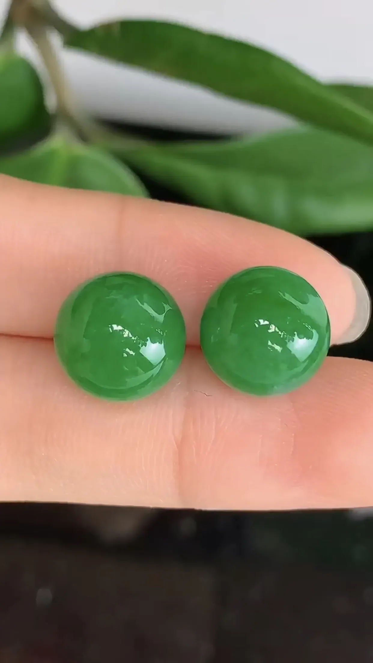 天然A货翡翠冰糯种满绿胶感圆珠玉坠一对 尺寸取一12mm