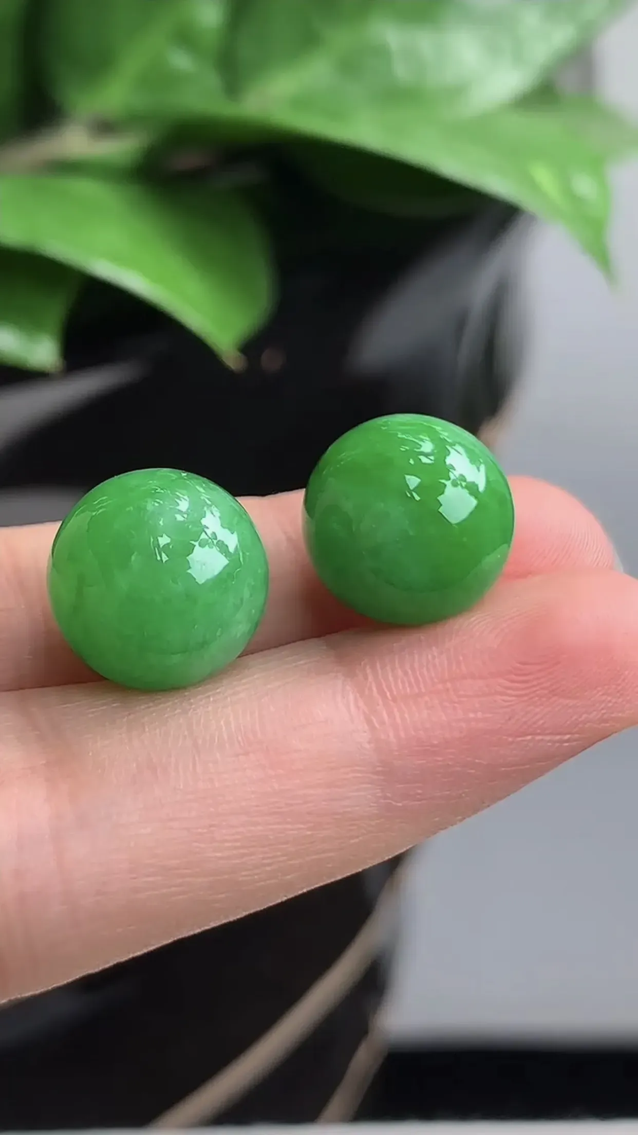 天然A货翡翠老坑冰润飘绿圆珠转运珠镶嵌件一对  尺寸12.5mm
