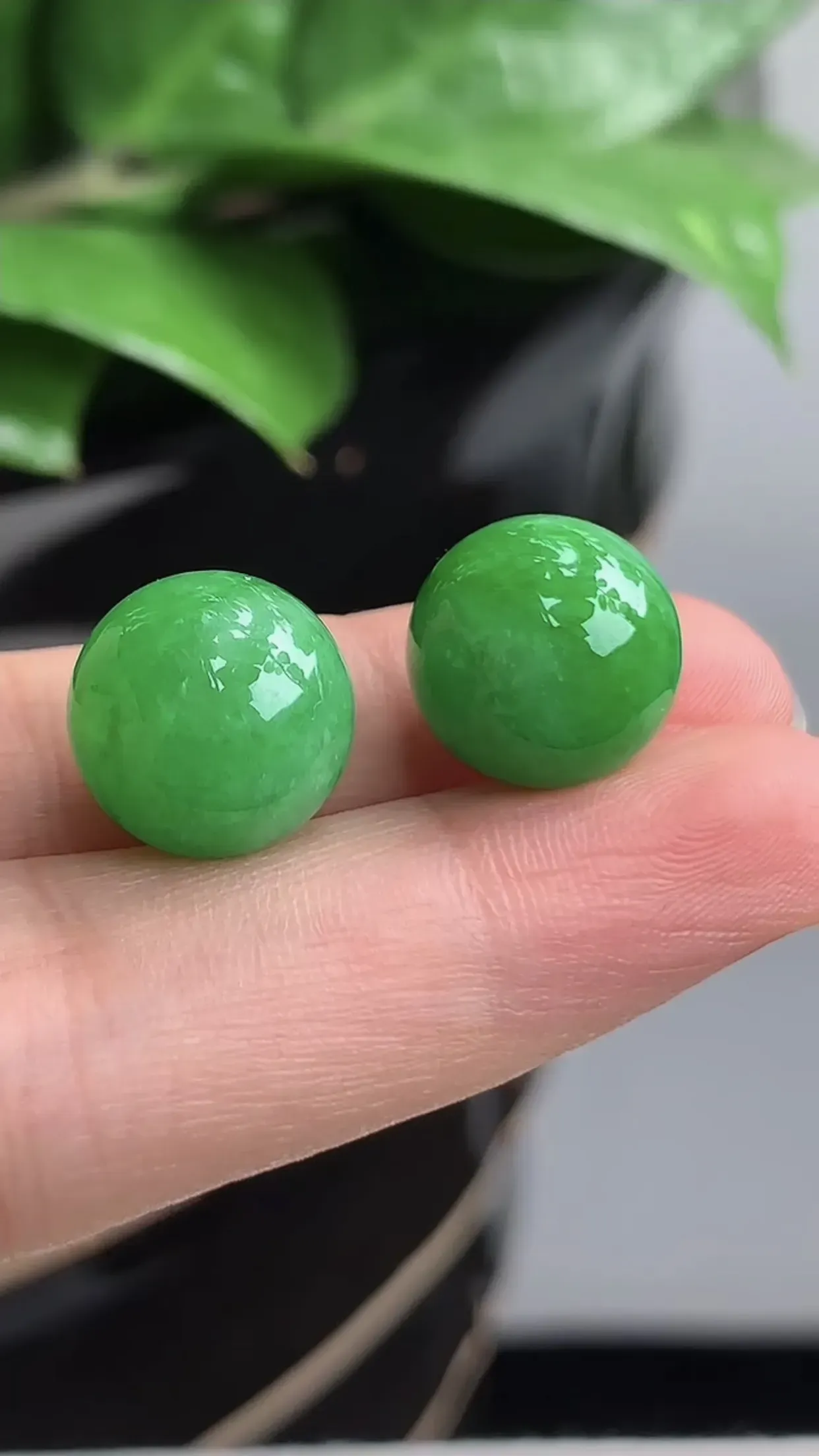 天然A货翡翠老坑冰润飘绿圆珠转运珠镶嵌件一对  尺寸12.5mm