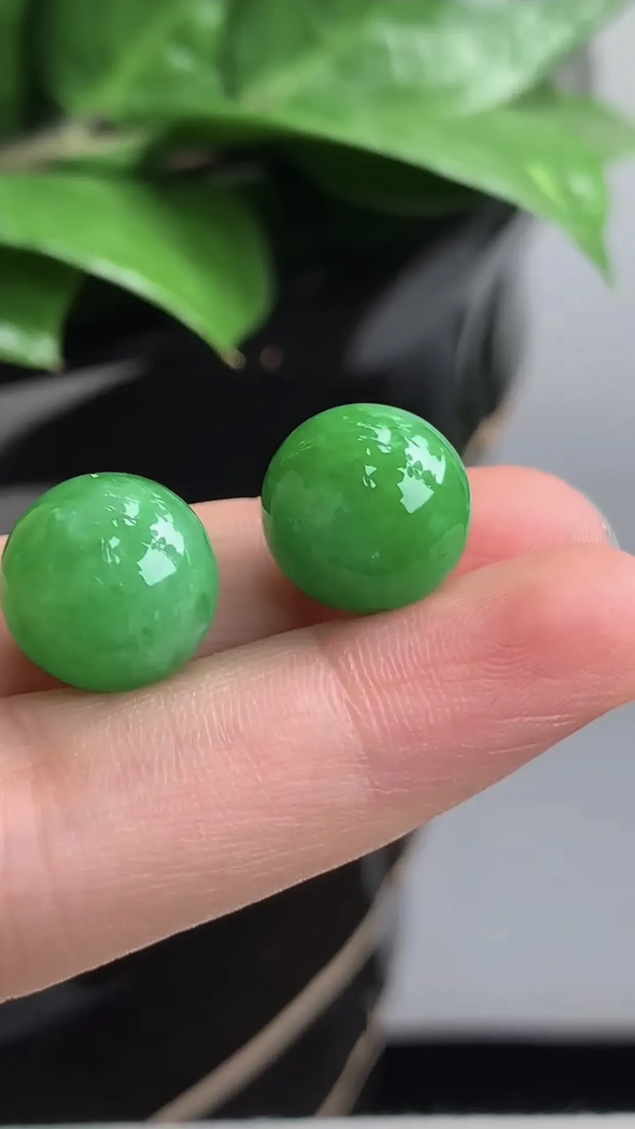 天然A货翡翠老坑冰润飘绿圆珠转运珠镶嵌件一对  尺寸12.5mm