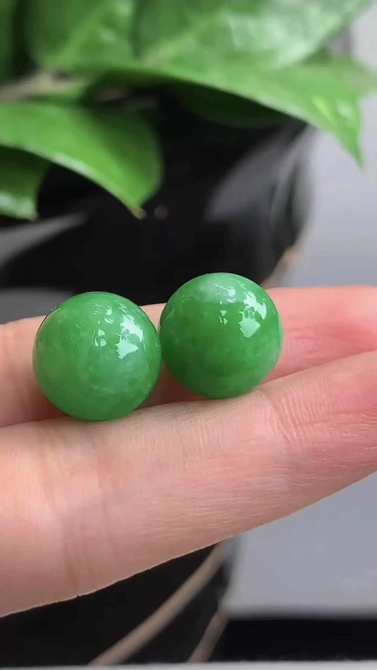天然A货翡翠老坑冰润飘绿圆珠转运珠镶嵌件一对  尺寸12.5mm