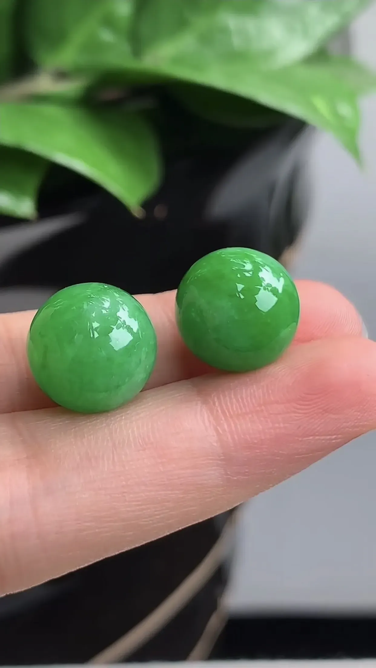 天然A货翡翠老坑冰润飘绿圆珠转运珠镶嵌件一对  尺寸12.5mm
