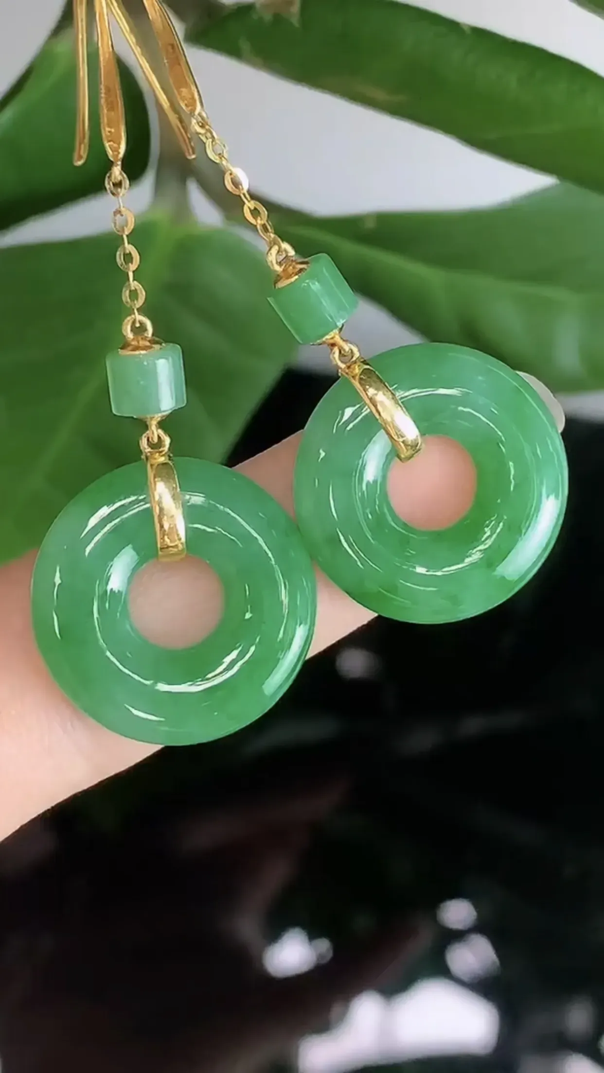 天然A货翡翠18k金冰糯种飘绿胶感子母平安扣耳坠 裸石取一18-3.6mm