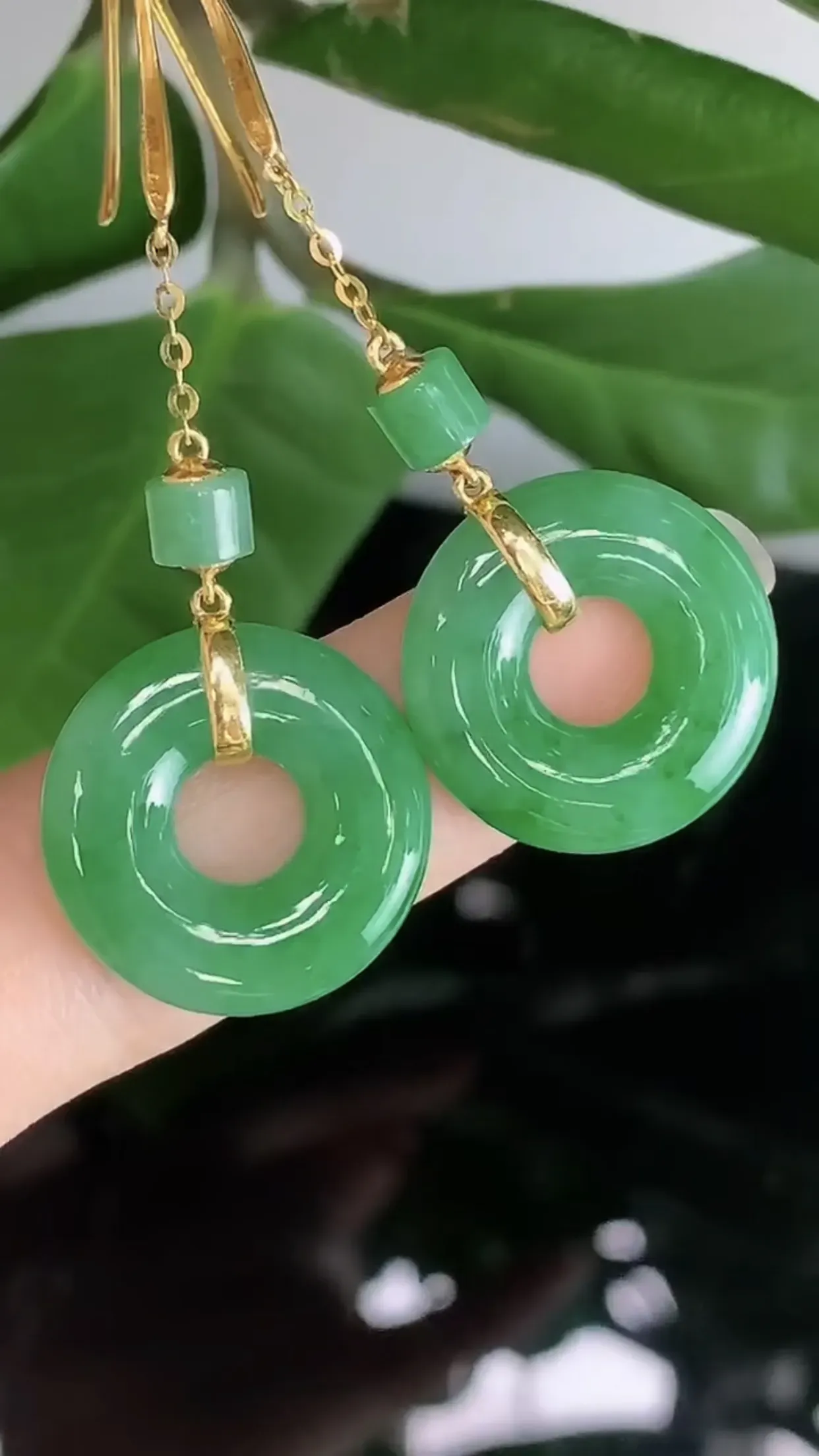 天然A货翡翠18k金冰糯种飘绿胶感子母平安扣耳坠 裸石取一18-3.6mm