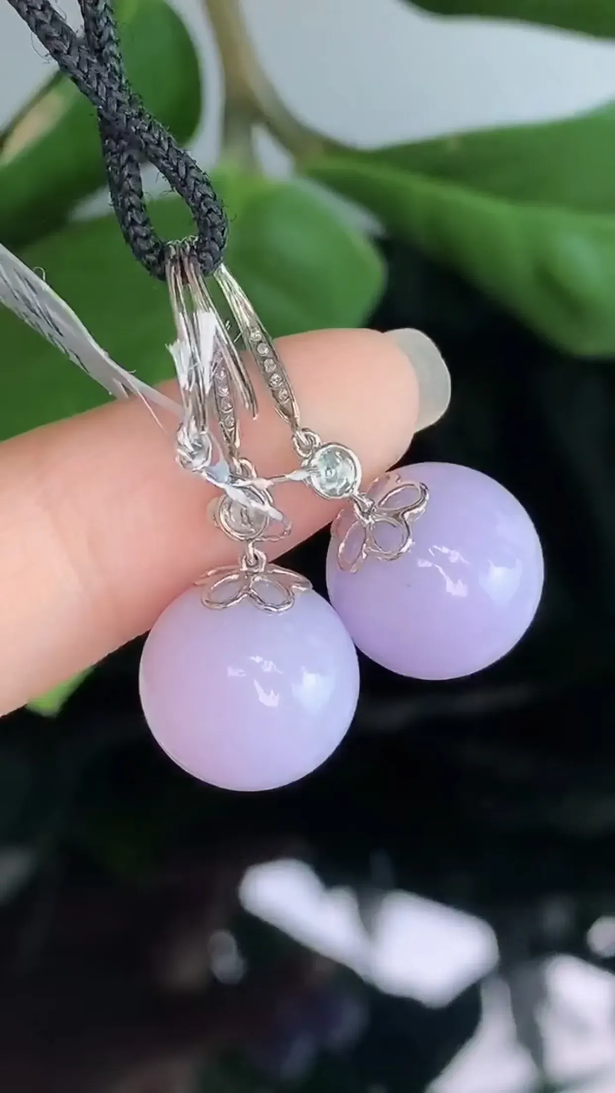天然A货翡翠18k金冰糯种紫罗兰胶感圆珠耳勾一对 裸石取一12.6mm