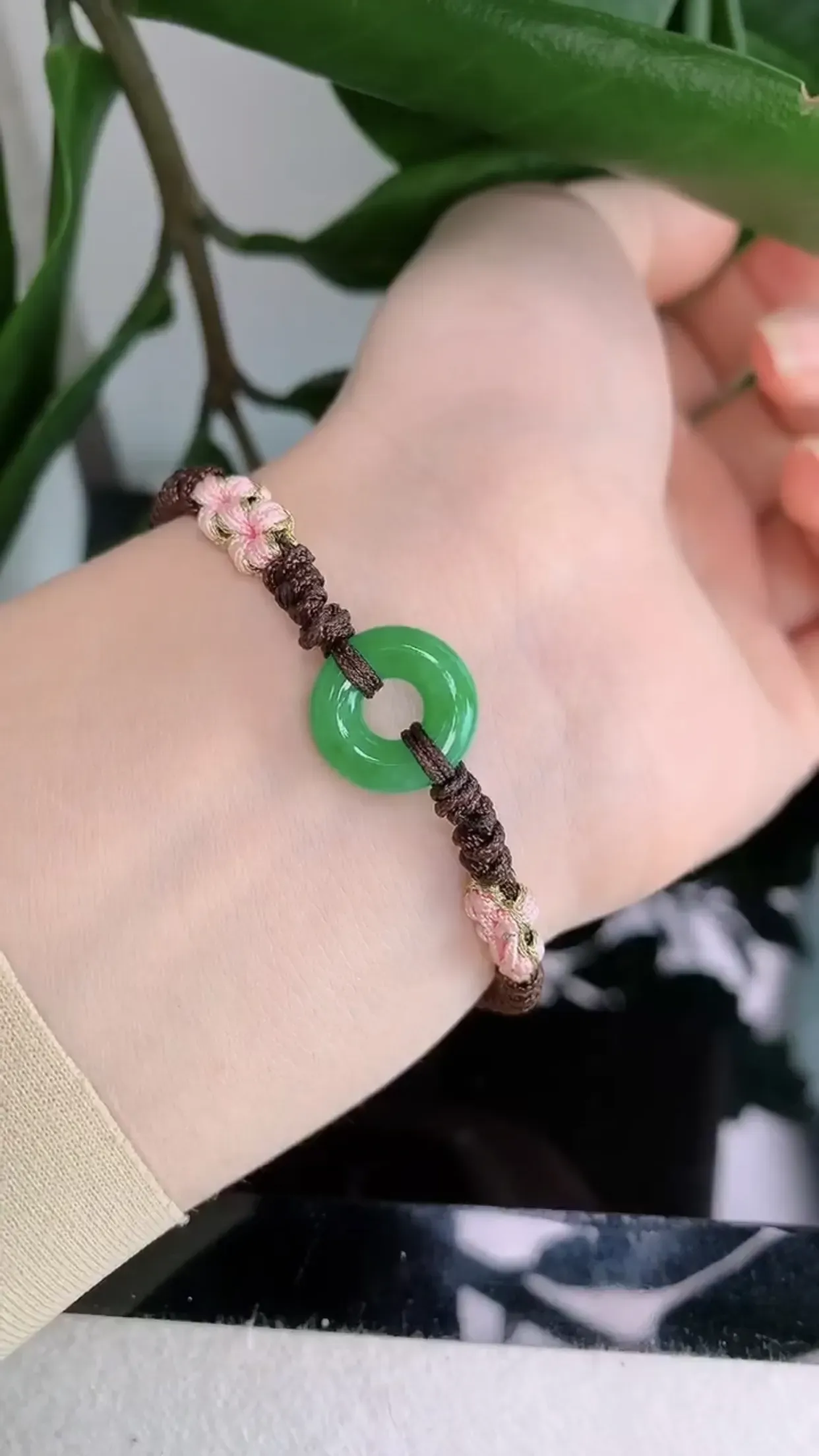 天然A货翡翠冰糯种满绿胶感平安环手绳手链 尺寸14-4mm