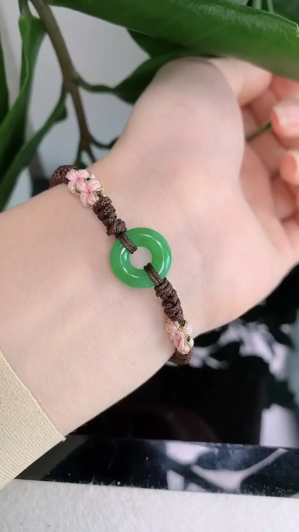 天然A货翡翠冰糯种满绿胶感平安环手绳手链 尺寸14-4mm