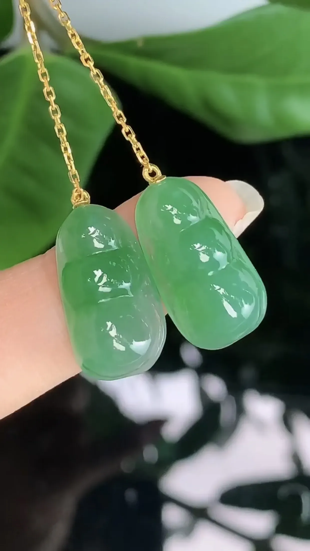 【限时特惠】天然A货翡翠18k金冰润飘绿胶感平安四季豆耳勾一对 裸石取一19.5-10.5-6mm