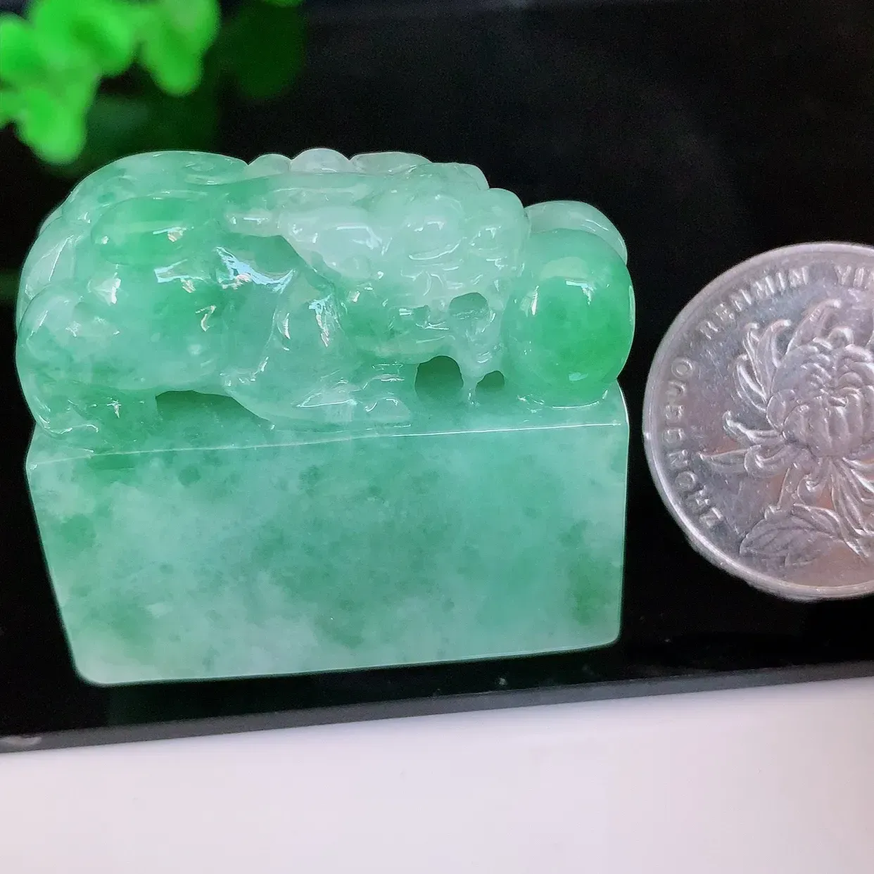 自然光实拍，冰润飘绿翡翠招财貔貅印章，翠色灵动，种老水足，寓意好，品相佳！#04.20