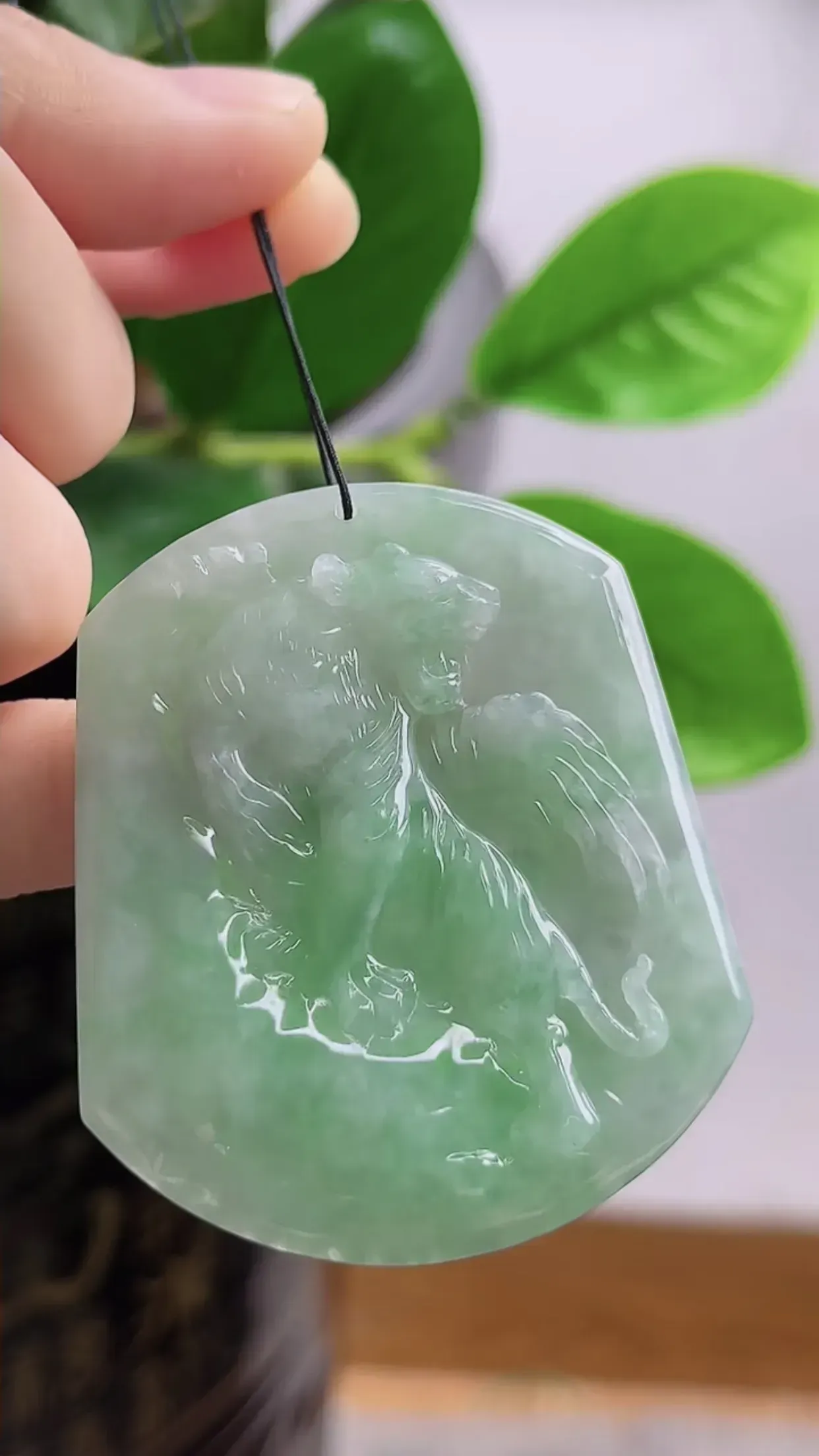 缅甸玉天然A货翡翠  老坑料起胶冰润飘绿生肖虎牌挂件 精美水润 色泽鲜艳 种老水头足 料子细腻光滑 佩戴效果佳 尺寸：52-42.7-6mm  y27.49