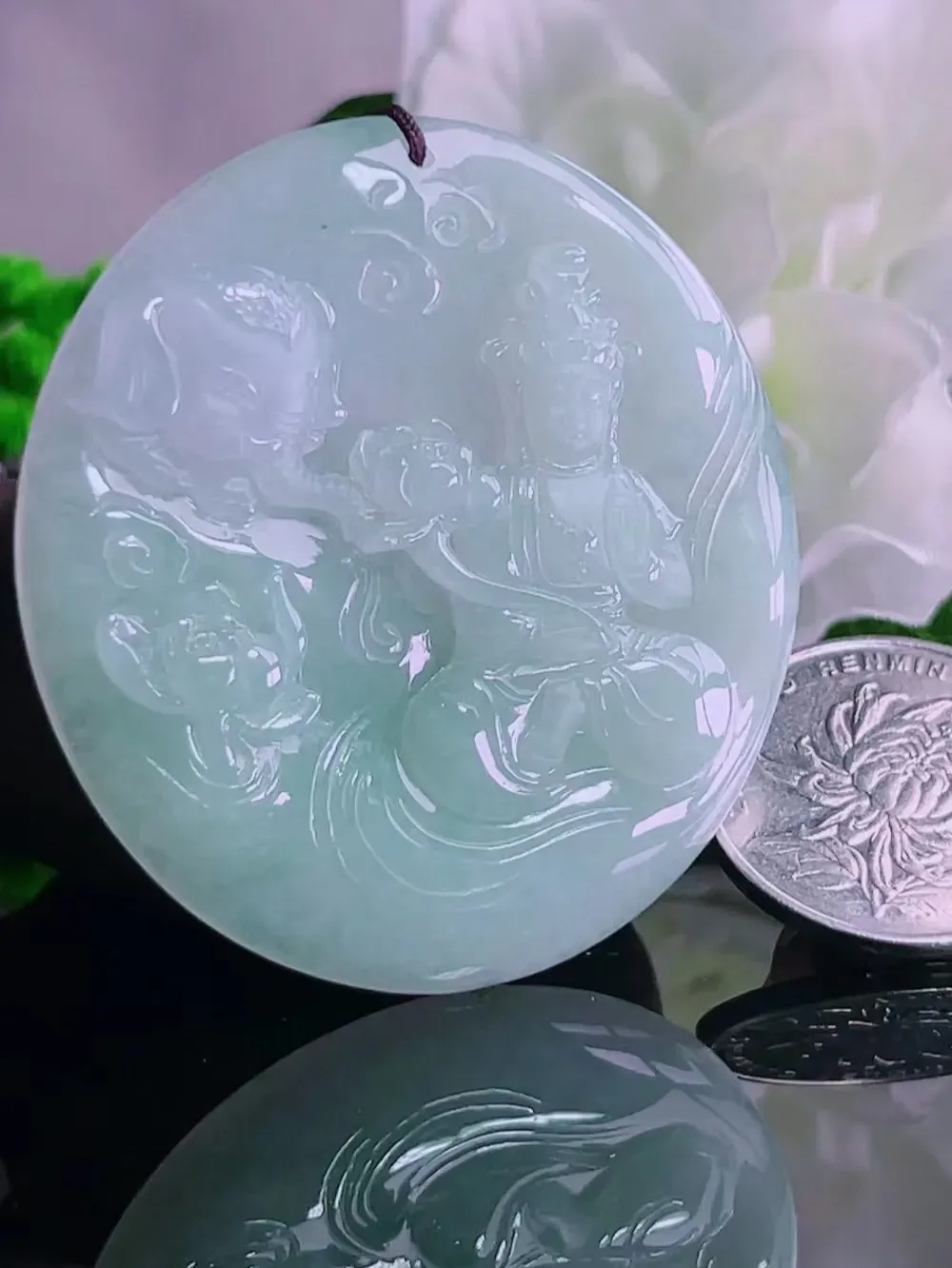 强力推荐，天然A货翡翠，普贤菩萨吊坠，尺寸 52/48/5.0