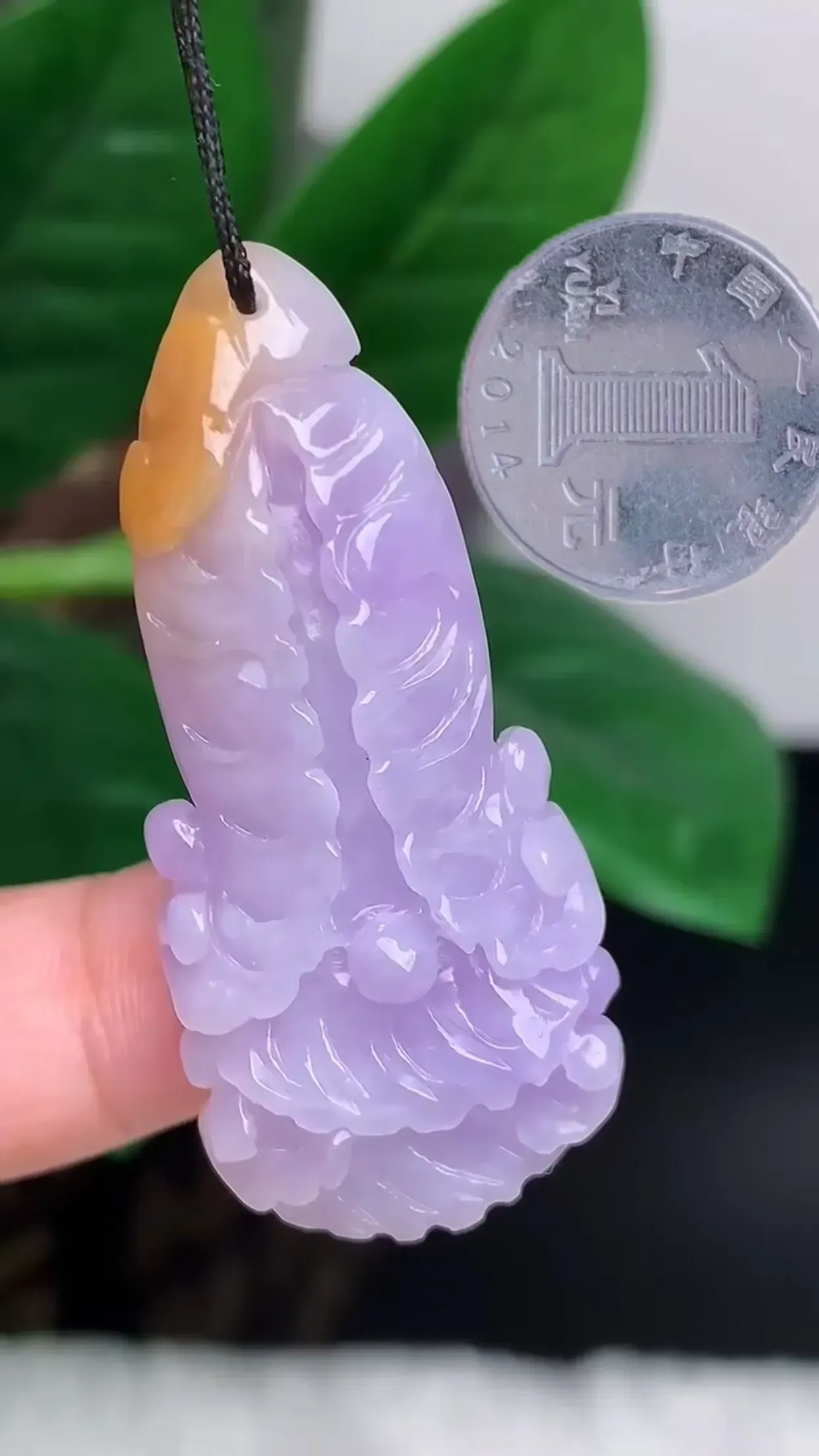 缅甸玉天然A货翡翠 老坑料起胶冰润紫罗兰 双彩百财聚来 白菜吊坠 玉质细腻 色泽鲜艳 种水好 佩带效果佳 尺寸：46*20.5*9.7mm   y11.73
