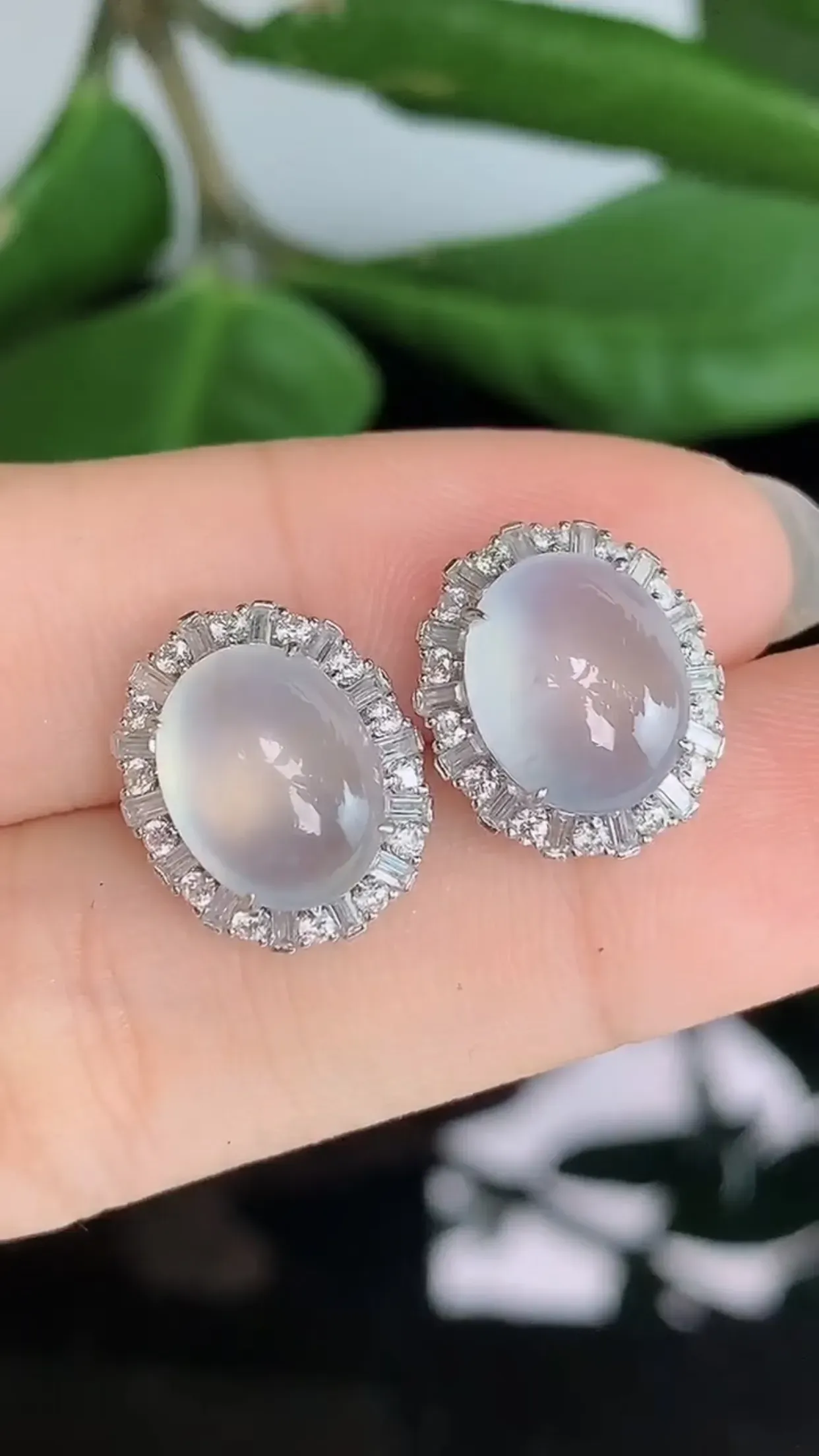 天然A货翡翠18k金冰润甜底全蛋面耳钉一对 裸石取一11-9.3mm