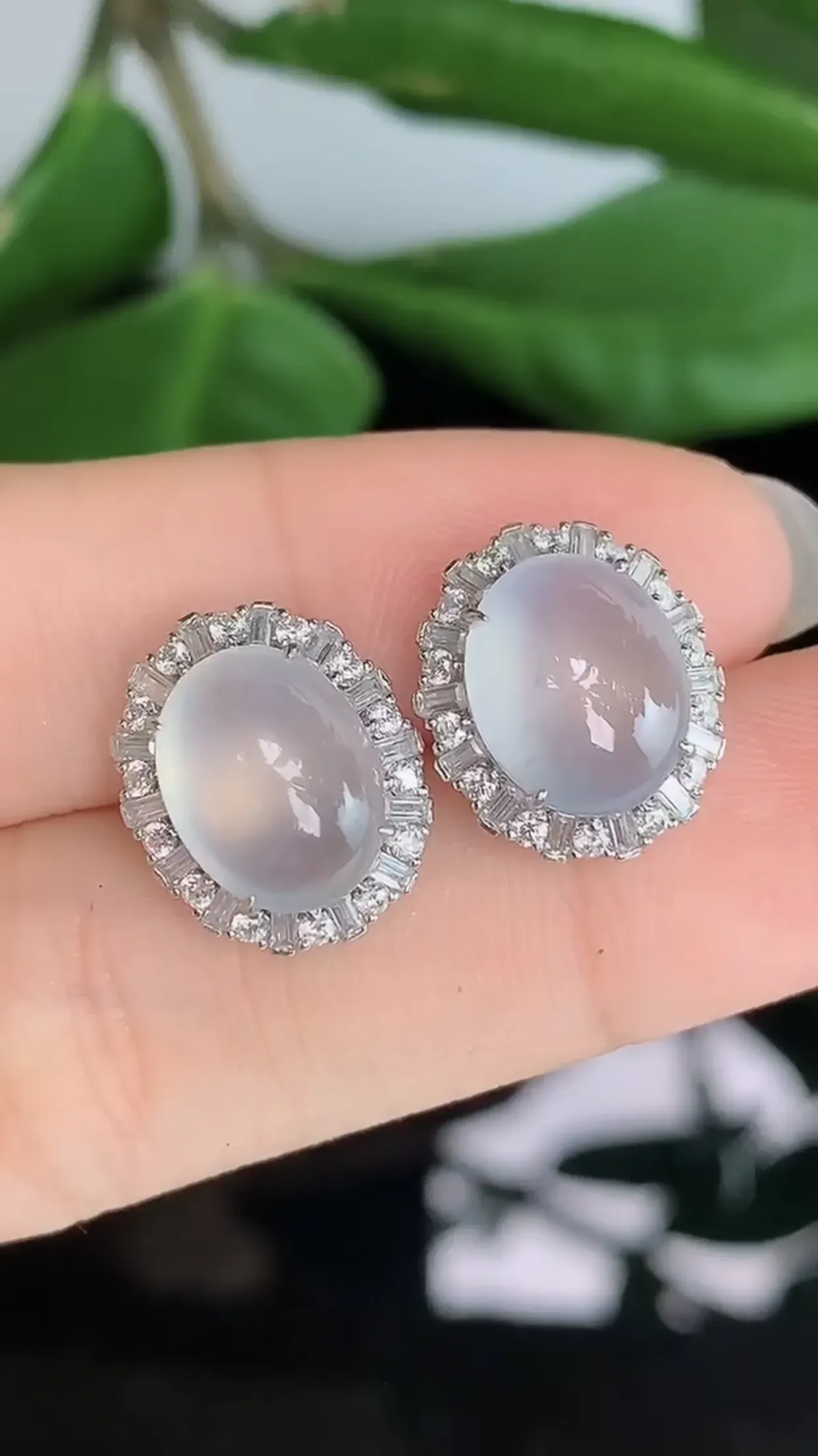 天然A货翡翠18k金冰润甜底全蛋面耳钉一对 裸石取一11-9.3mm