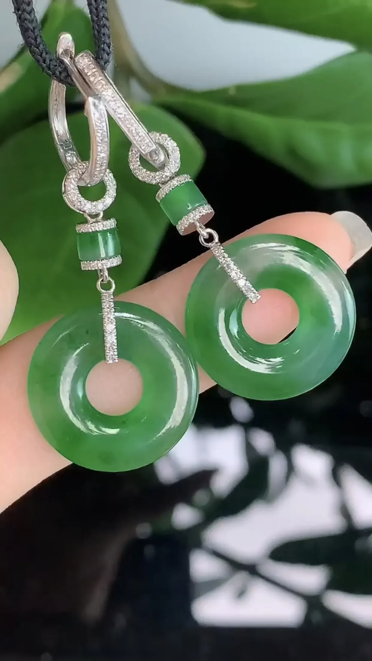 天然A货翡翠18k金冰润飘绿胶感子母平安扣耳坠一对 裸石取一18.4-3mm