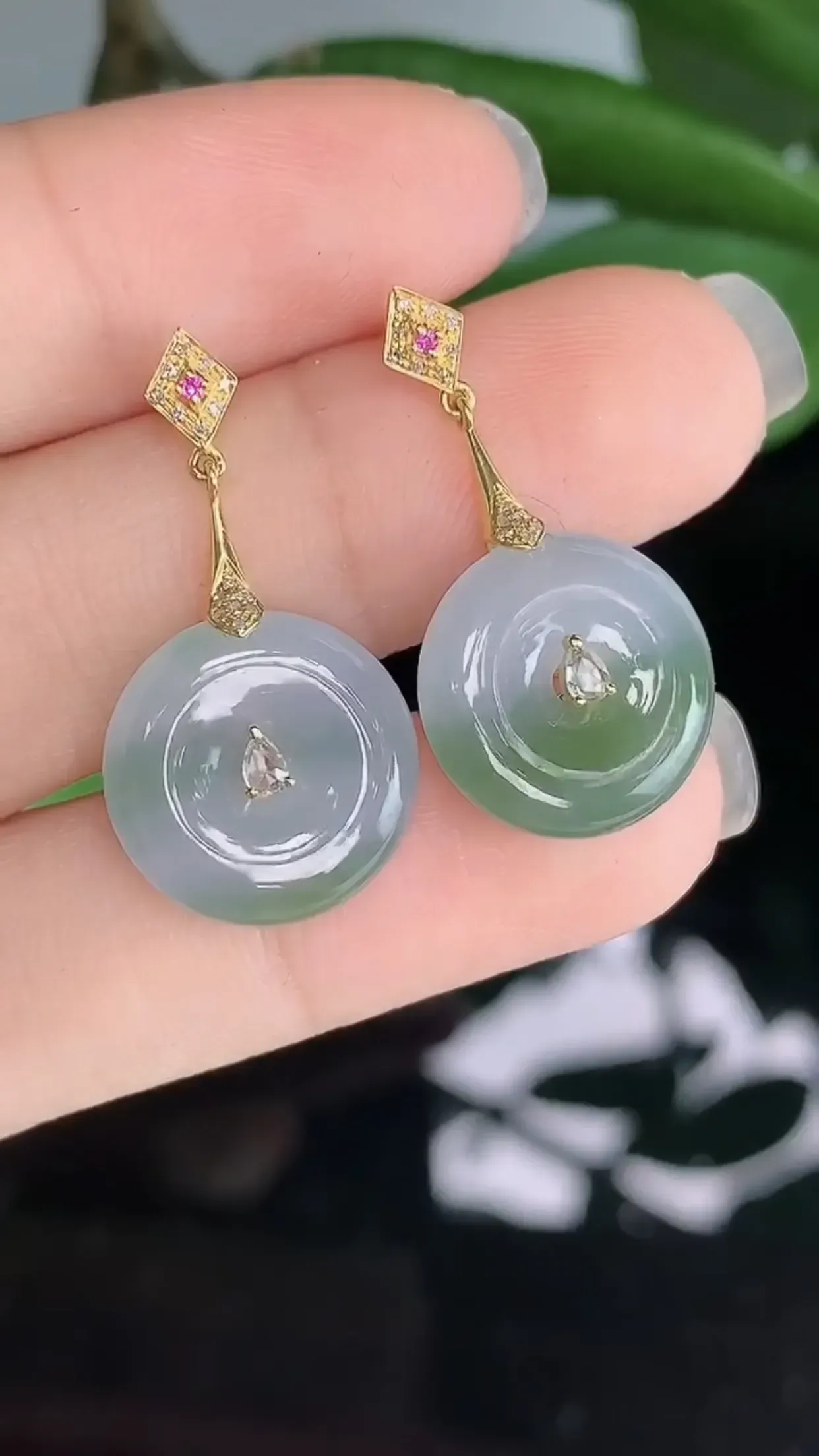 【限时特惠】天然A货翡翠18k金冰糯种飘花胶感平安扣耳坠一对 裸石取一15-4.3mm