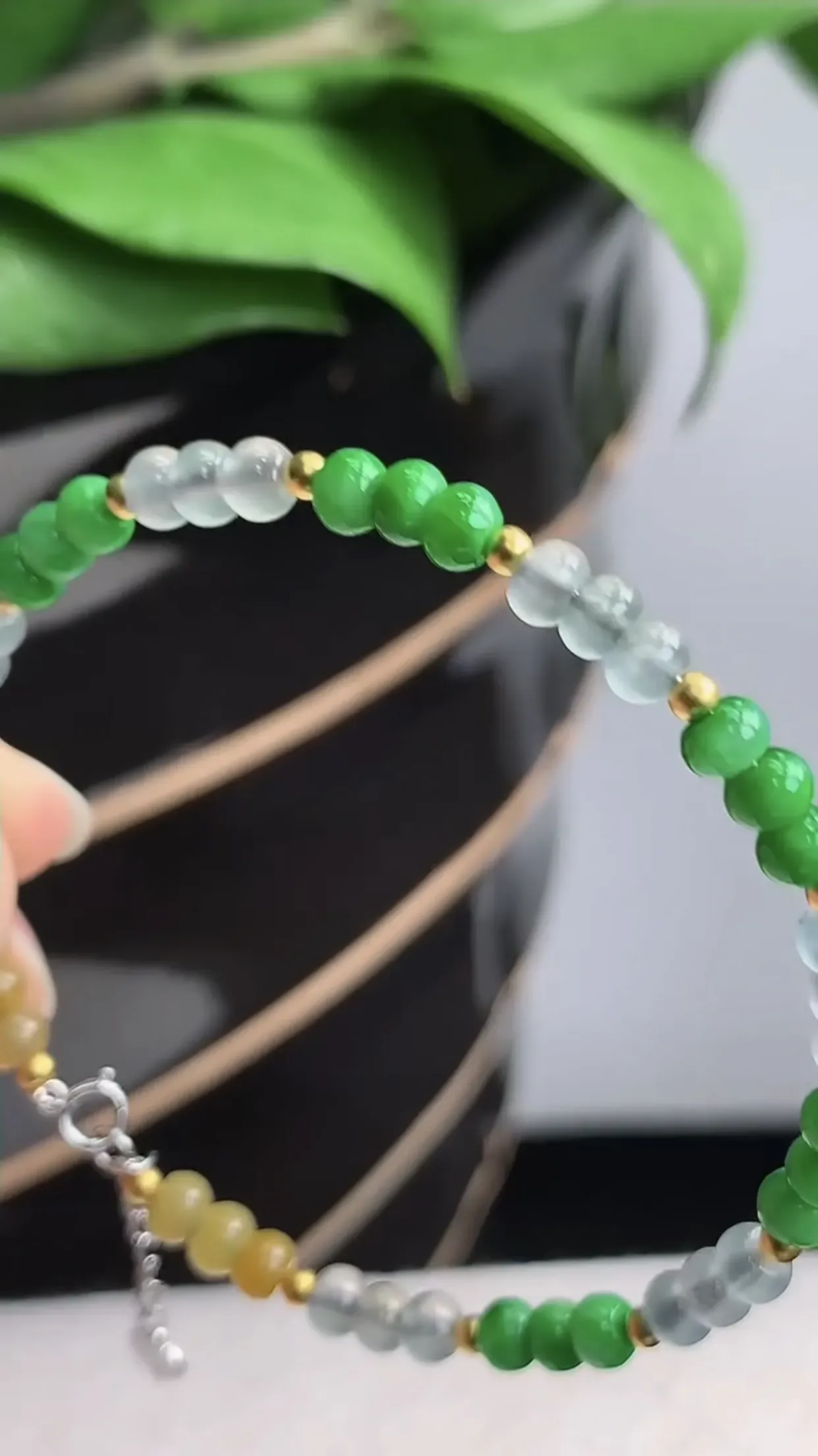 天然A货翡翠老坑冰种18K金镶嵌三彩圆珠算盘珠手串手链 尺寸4.3×2.8mm