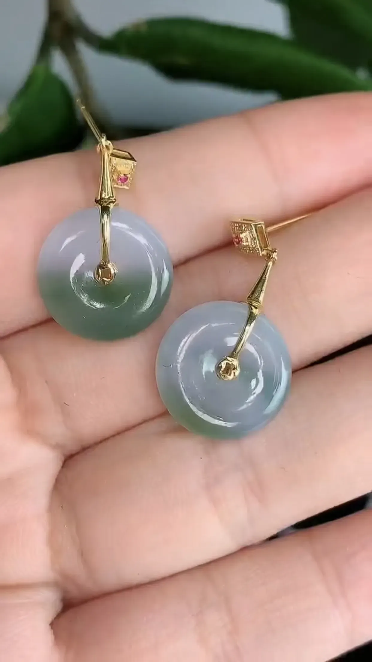 【限时特惠】天然A货翡翠18k金冰糯种飘花胶感平安扣耳坠一对 裸石取一15-4.3mm