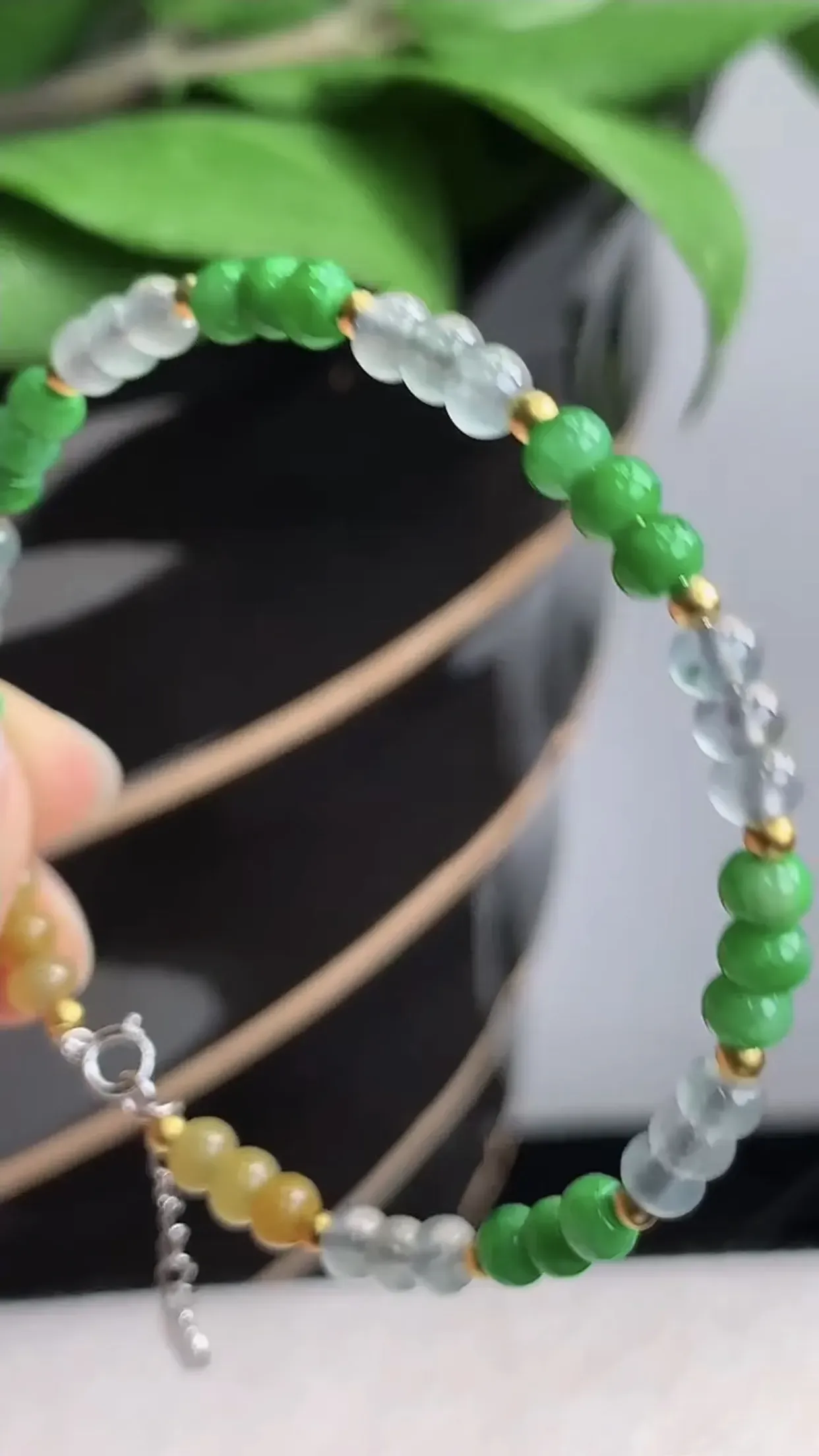 天然A货翡翠老坑冰种18K金镶嵌三彩圆珠算盘珠手串手链 尺寸4.3×2.8mm