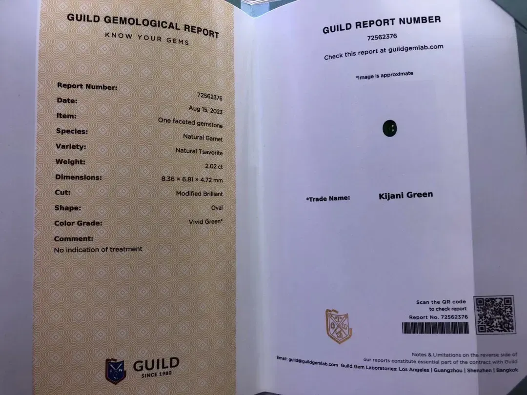 2.05克拉沙弗莱裸石，Kijani Green卡扎尼绿，椭圆形，火彩赞，晶体通透，附吉尔德GUILD国际证书