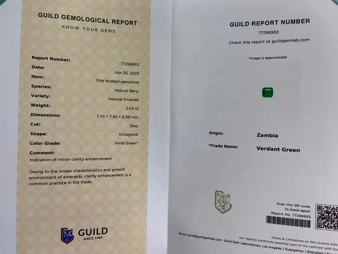 新货：GUILD证书，沃顿绿 2.54克拉 祖母绿 沃顿绿， 电光感，火彩漂亮 晶体明亮通透