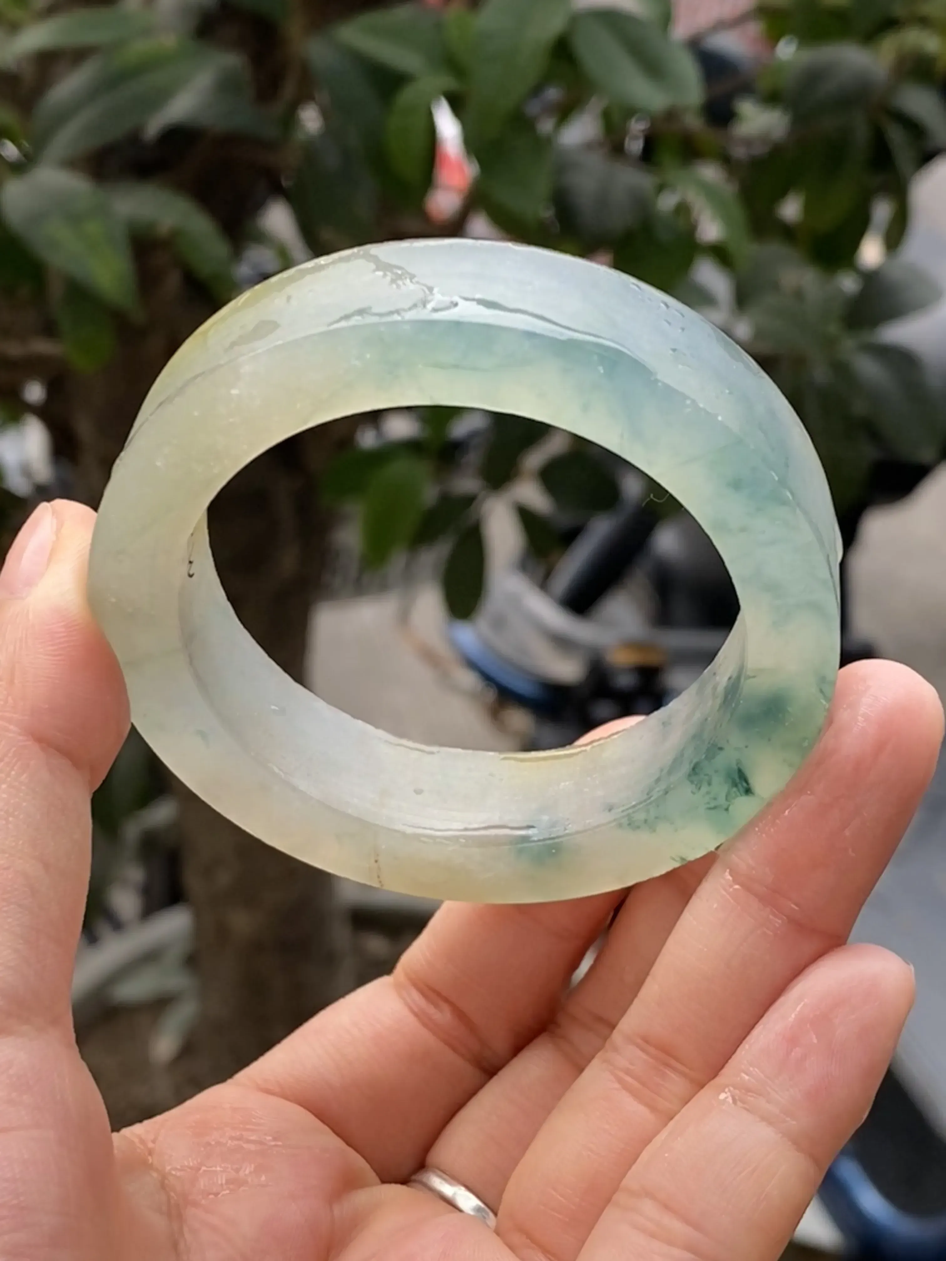 双彩黄加绿毛胚，玉质冰润起胶，色泽鲜艳亮丽，自然光实拍，圈口可做52.3-54