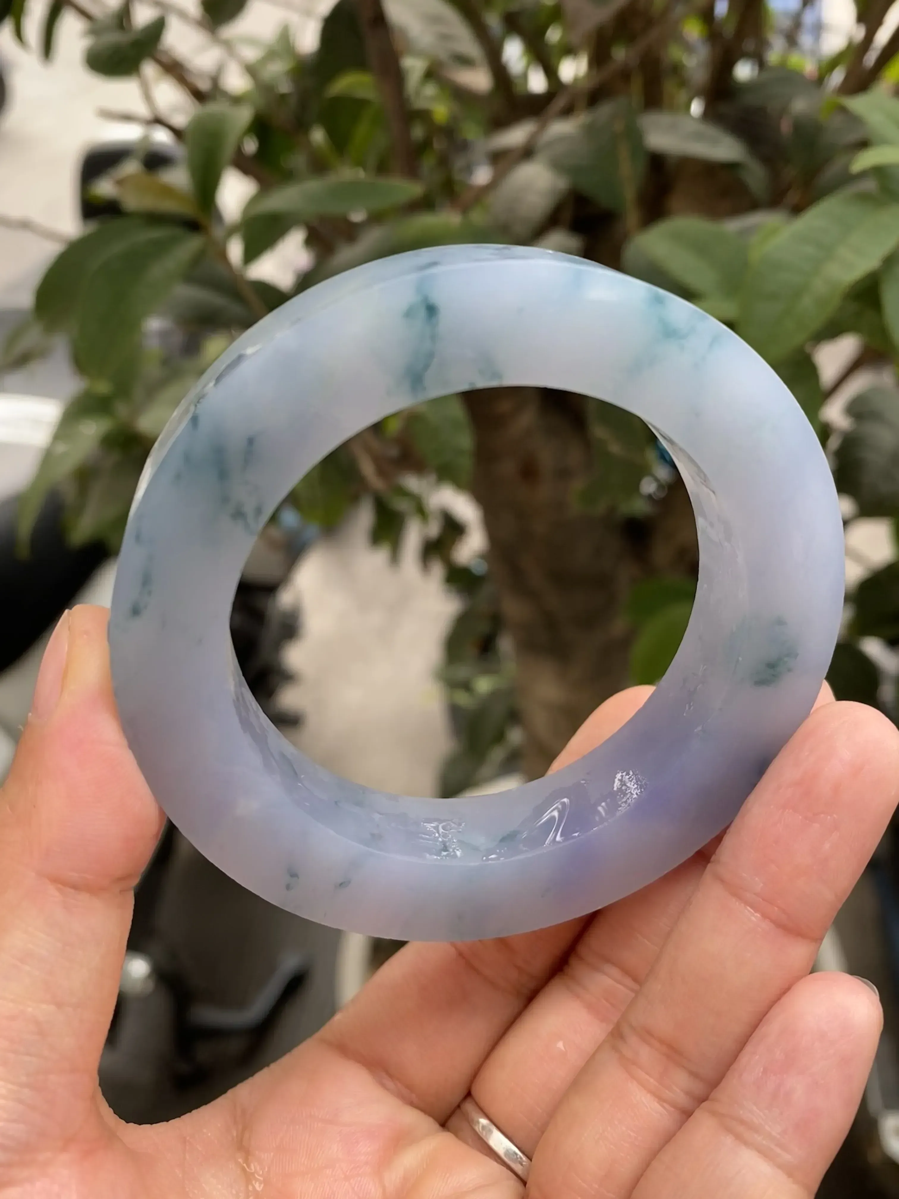 特色春带彩飘绿手镯，玉质细腻，色泽艳丽多姿，自然光实拍，圈口可做54-59mm