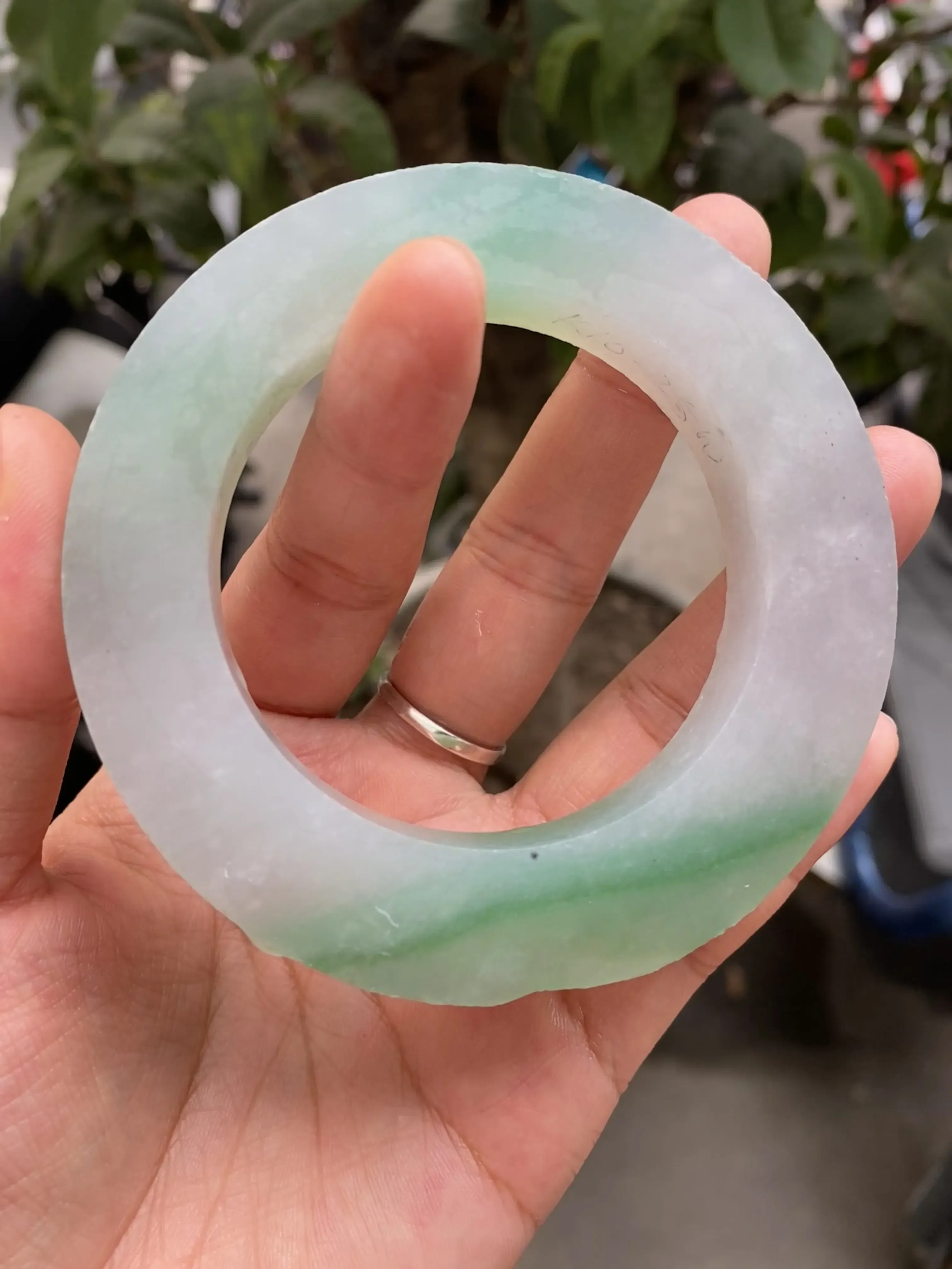 特色飘绿毛胚，玉质细腻，飘绿意境满满，自然光实拍，可做56.5-63圈口