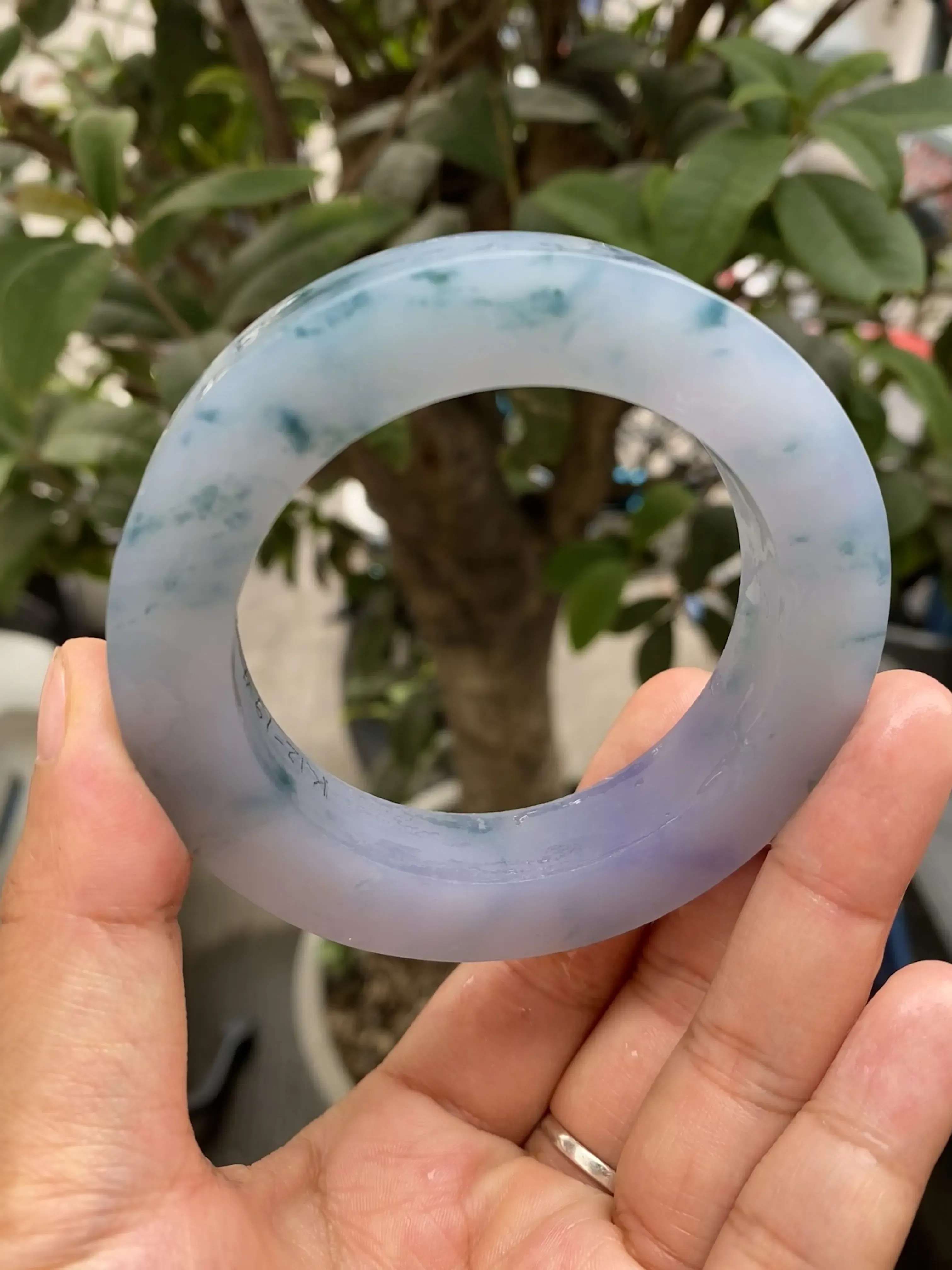 特色春带彩飘绿手镯，玉质细腻，色泽艳丽多姿，自然光实拍，圈口可做54-59mm