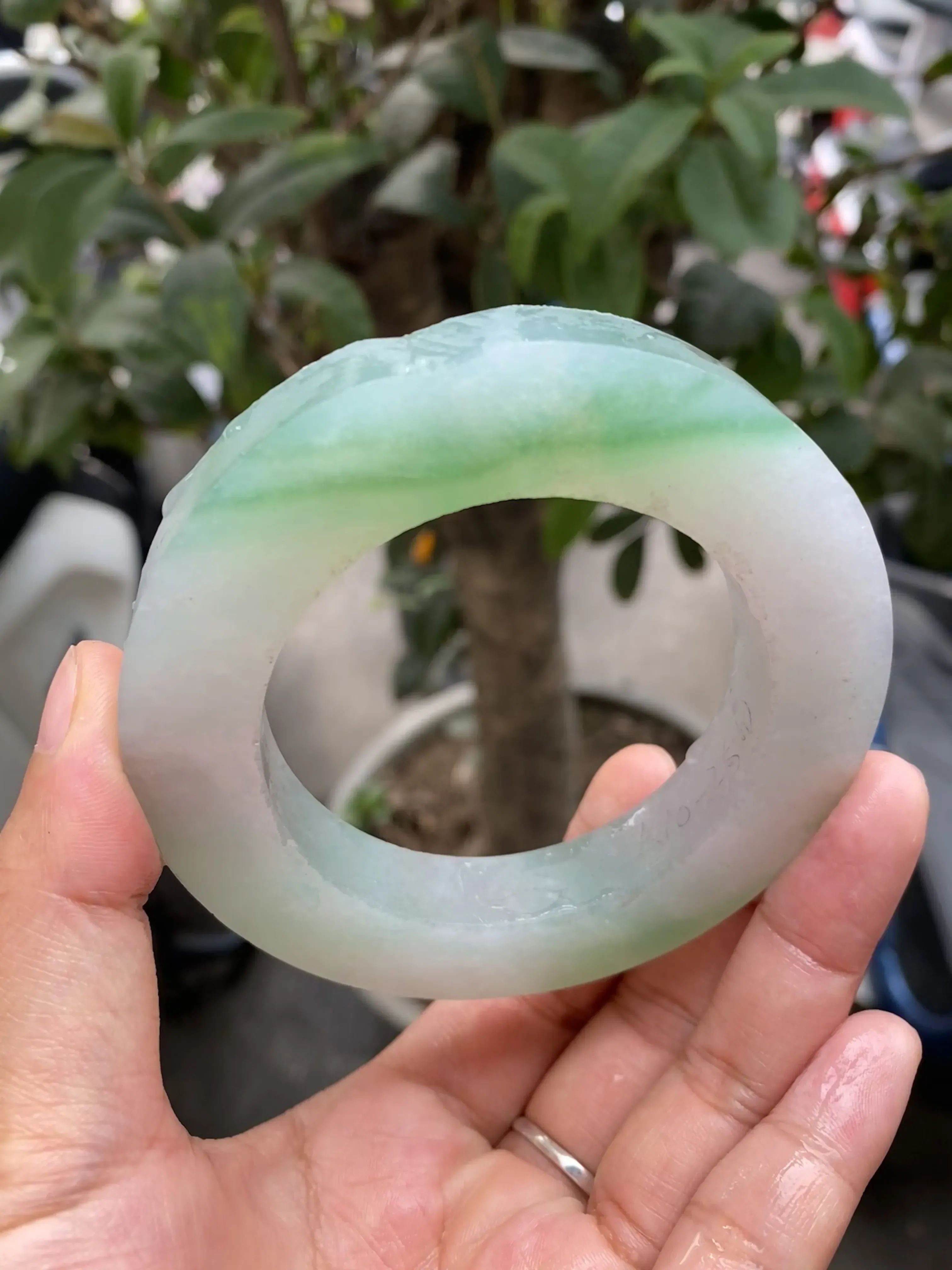 特色飘绿毛胚，玉质细腻，飘绿意境满满，自然光实拍，可做56.5-63圈口