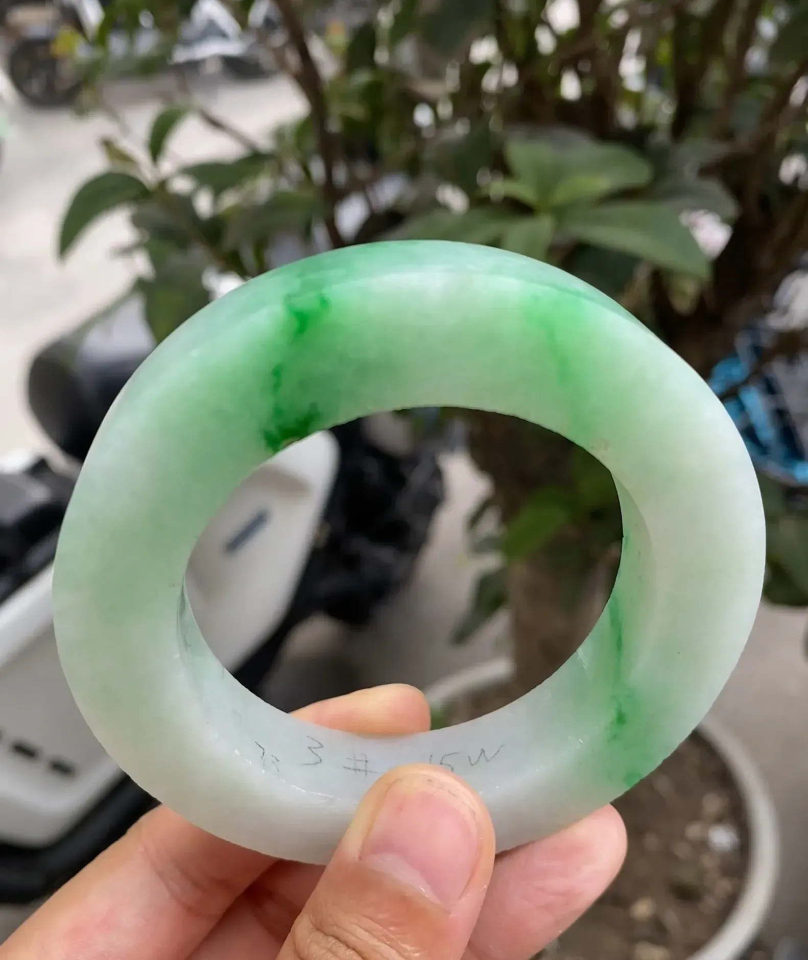 特色飘辣绿手镯，玉质细腻，色泽浓郁艳丽，条形厚装饱满，可做圈口54-62mm